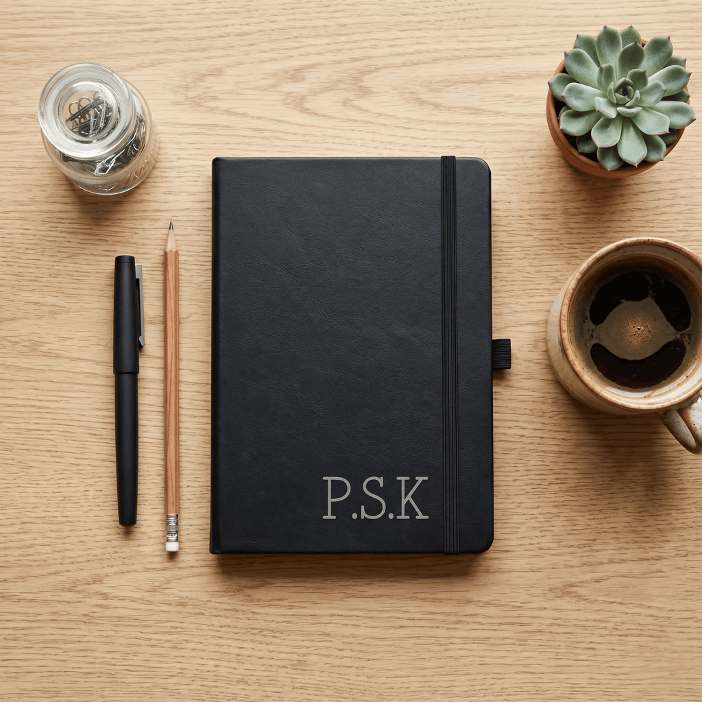 Black notebook with initials 'P.S.K.' on a wooden table with a pen, coffee cup, and plant.