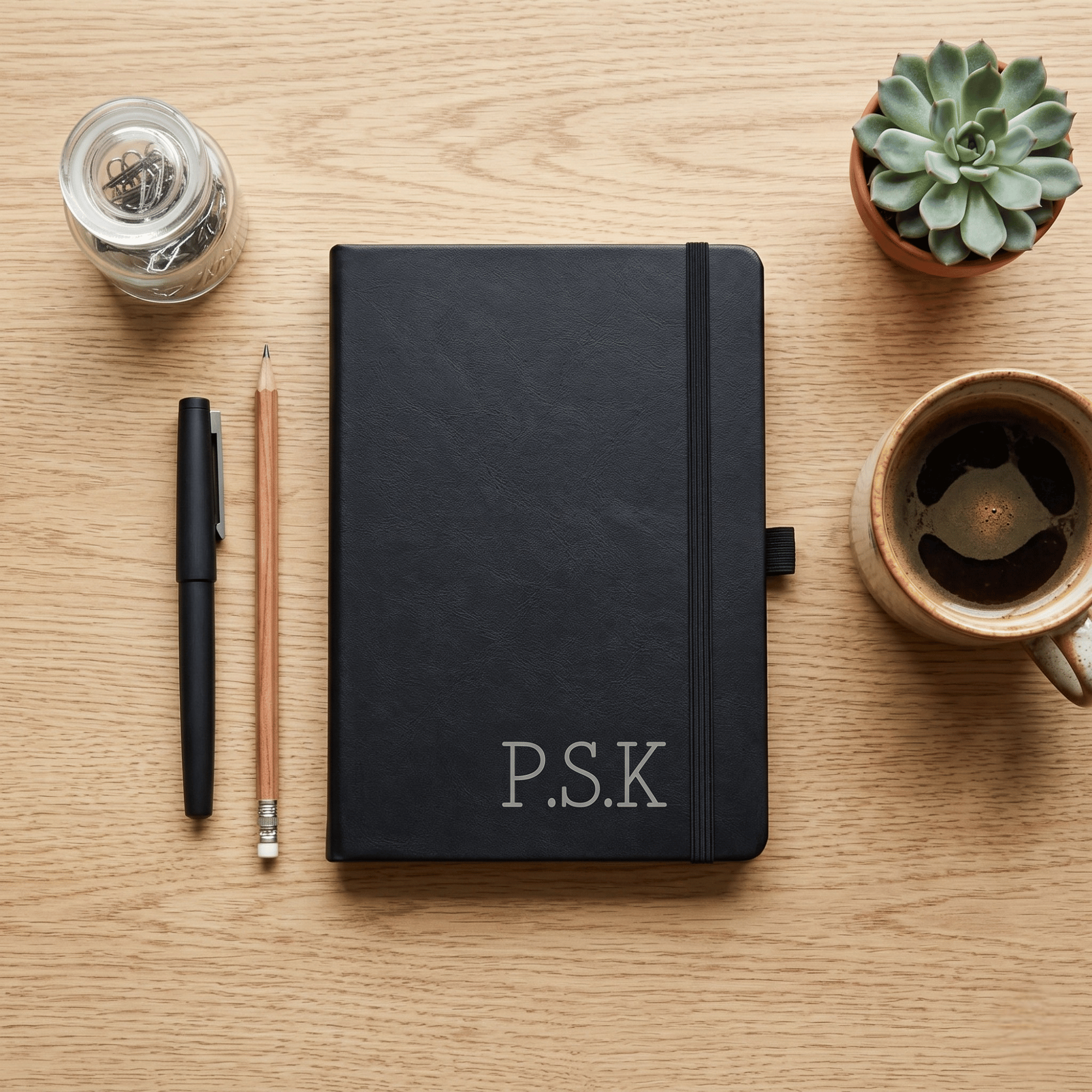 Black notebook with initials 'P.S.K.' on a wooden table with a pen, coffee cup, and plant.