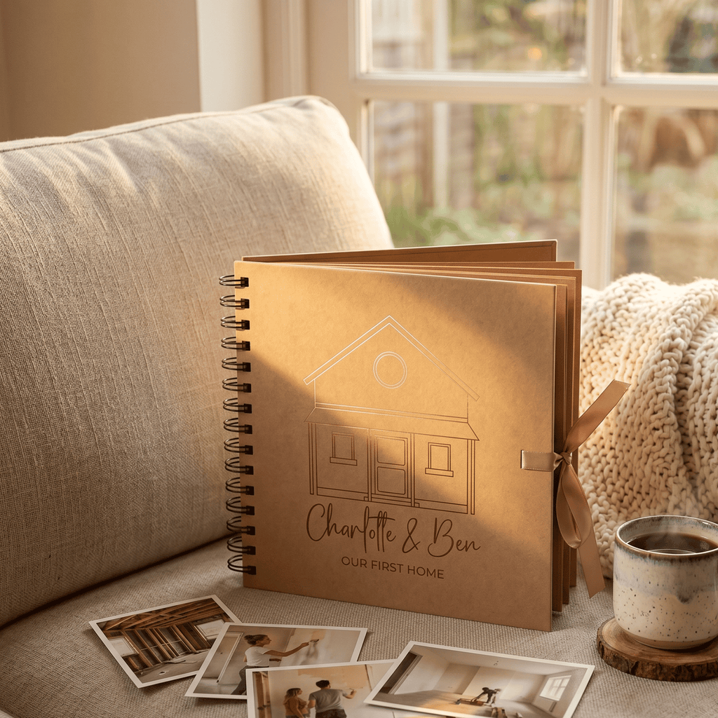 Personalised home album with house illustration and 'Charlotte & Ben' text on a couch with photos.