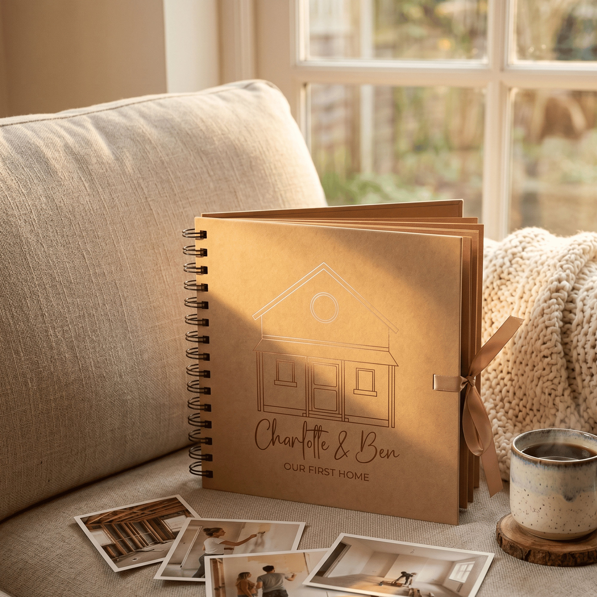 Personalised home album with house illustration and 'Charlotte & Ben' text on a couch with photos.