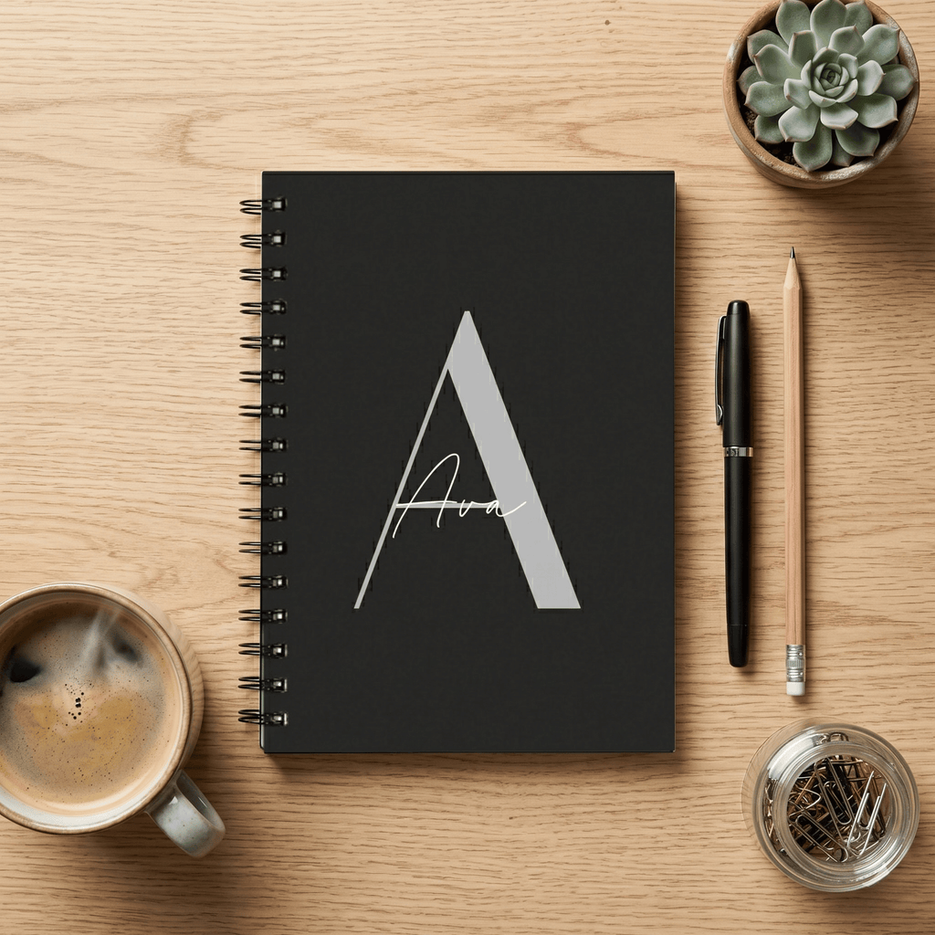 Black notebook with a white letter 'A' on a wooden table with a coffee cup, pen, and small plant.