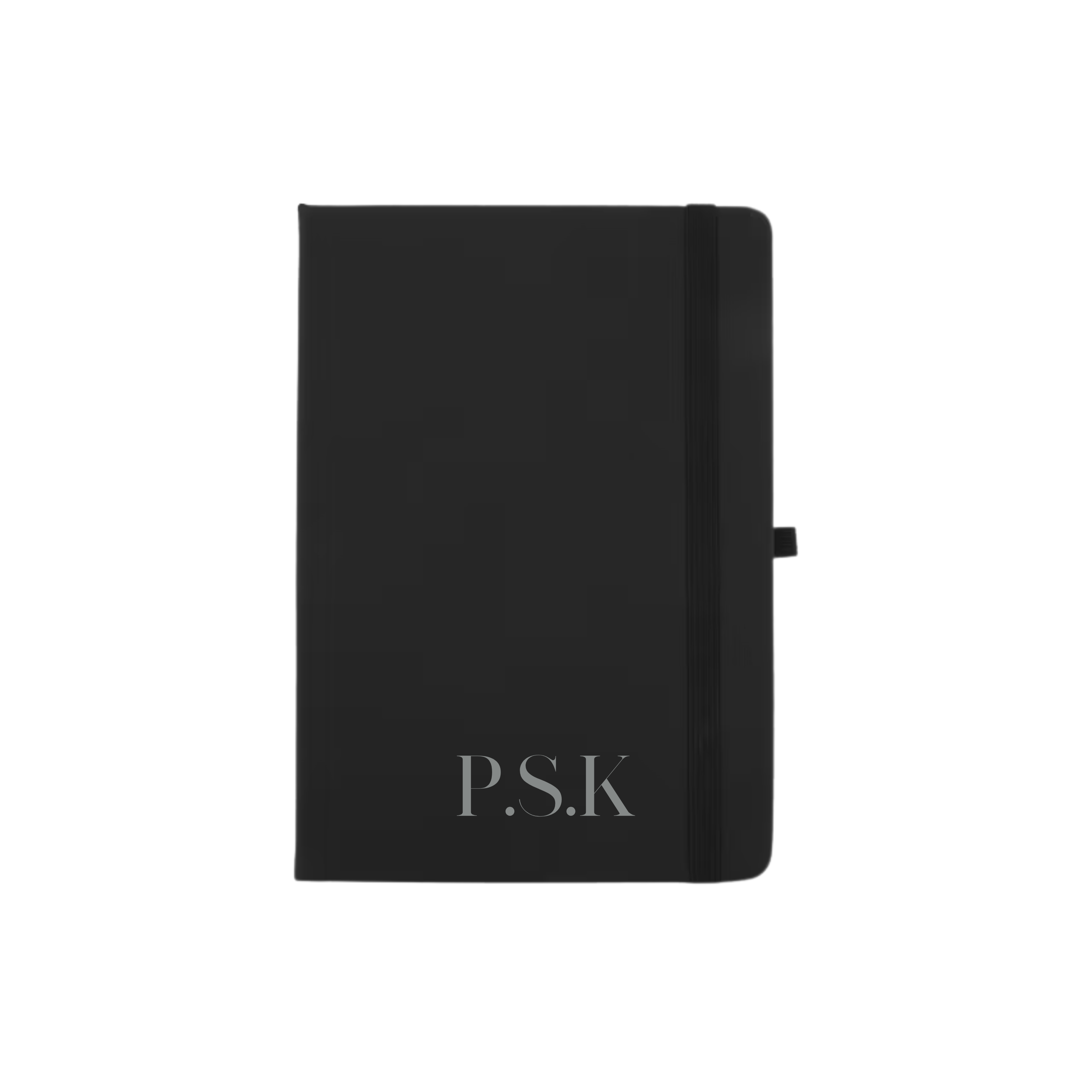 Personalised black A5 vegan leather notebook featuring initials P.S.K in silver font.