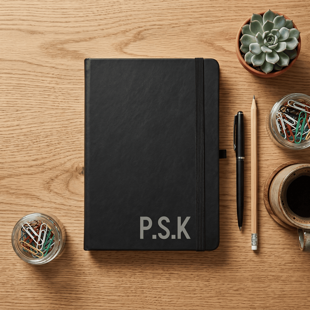 Black notebook with 'P.S.K.' on a wooden surface with stationery items.
