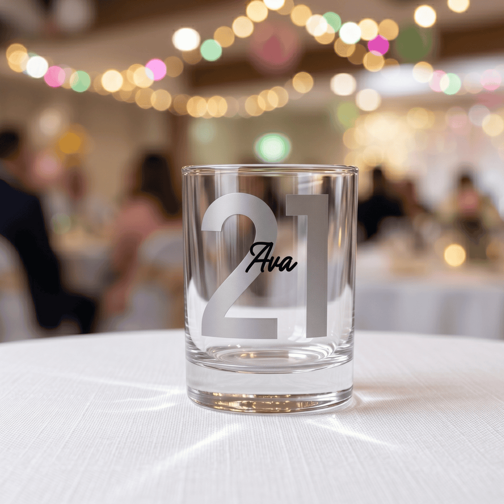 Clear glass with '21 Ava' engraving on a white tablecloth with blurred festive background