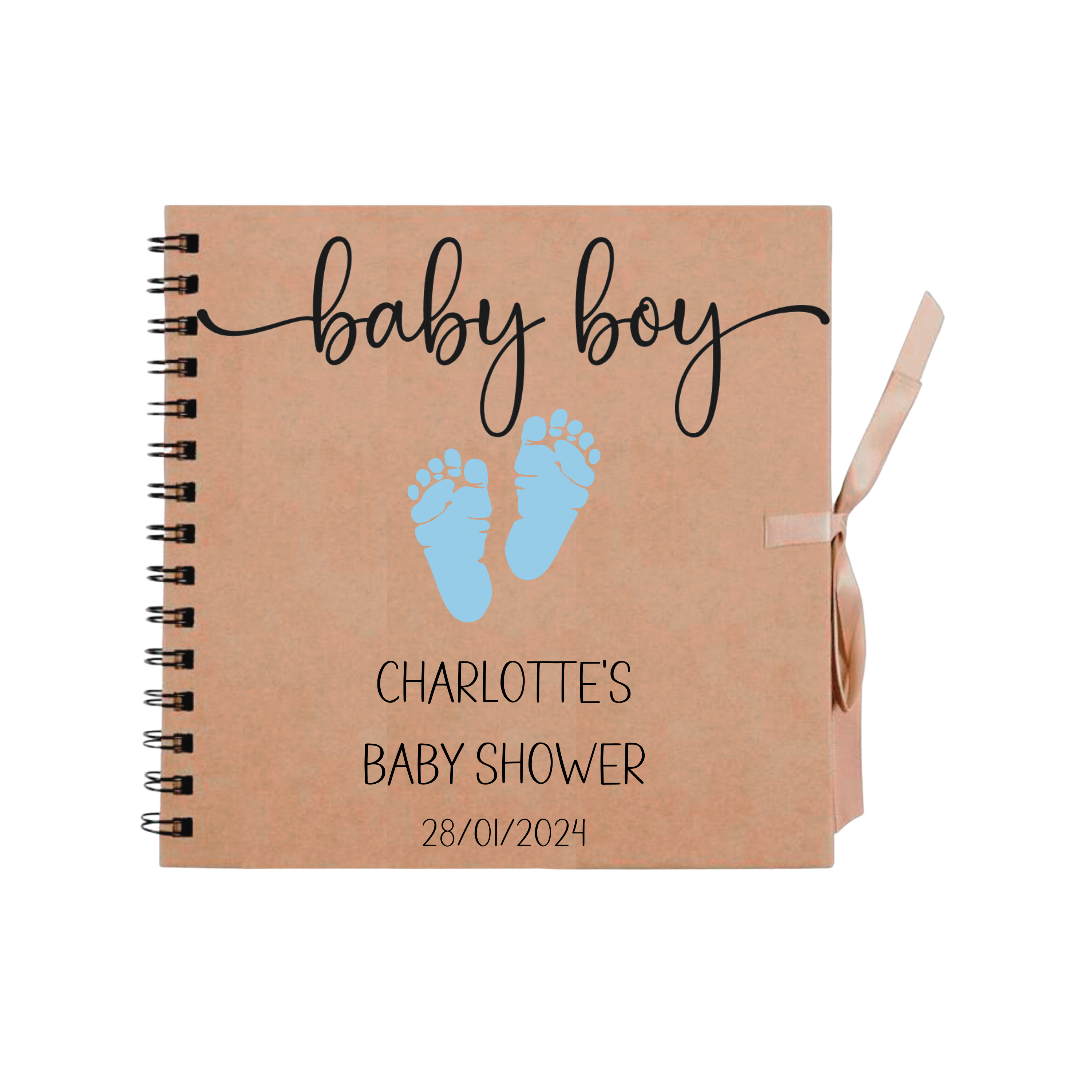 Kraft baby shower scrapbook with "baby boy" in black script and blue baby footprints – customised gift for Charlotte’s baby shower celebration.