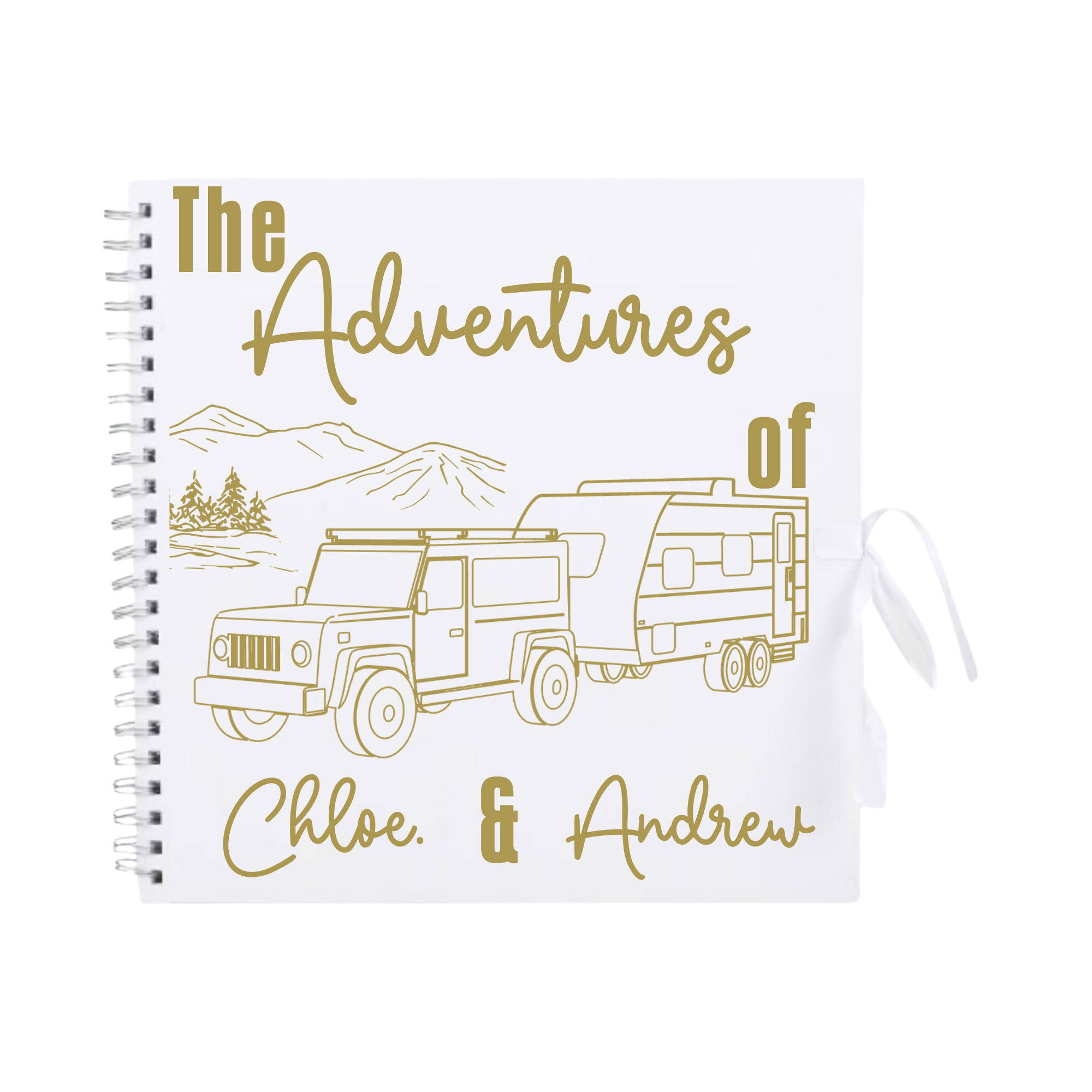 White personalised scrapbook with gold design and the names “Jordan & Andrew” – custom caravan memory book for travel lovers.

