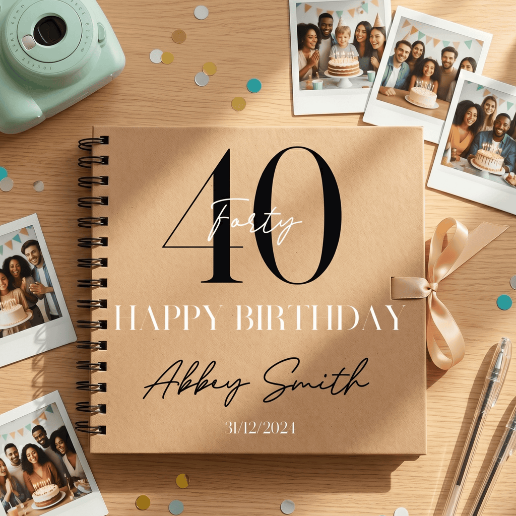 Personalised birthday Album with photos and confetti on a wooden surface