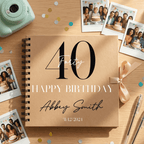 Personalised birthday Album with photos and confetti on a wooden surface