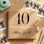 Personalised birthday Album with photos and confetti on a wooden surface