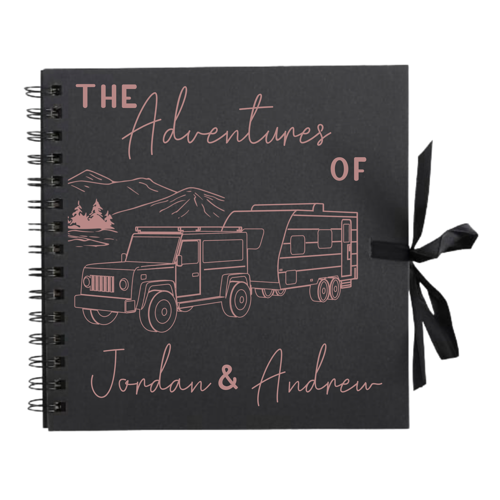 Black personalised travel scrapbook with rose gold print and the names “Jordan & Andrew” – unique gift for caravan and camping lovers.