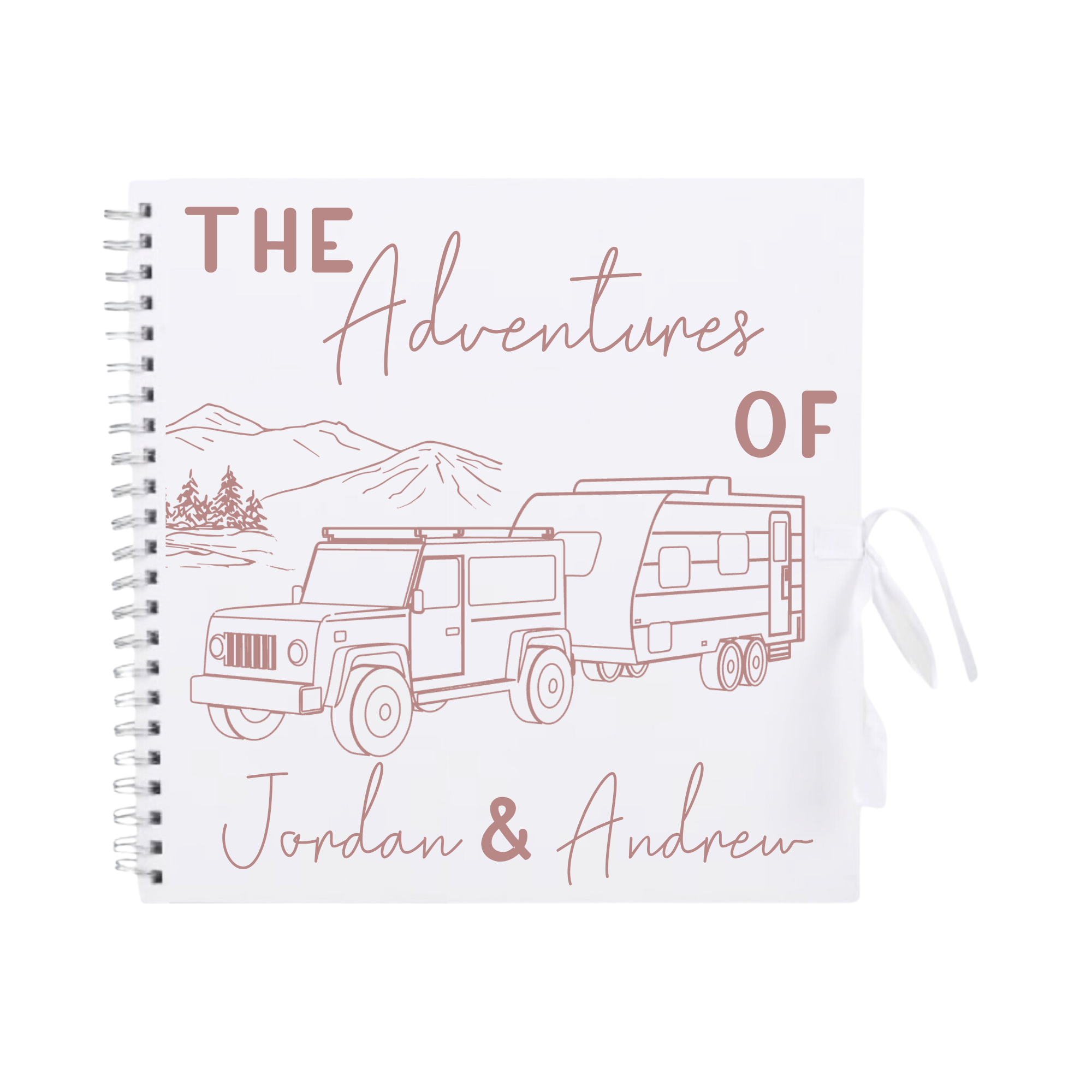 White personalised scrapbook with rose gold design and the names “Jordan & Andrew” – custom caravan memory book for travel lovers.