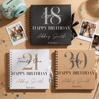 Three personalised birthday Albums for ages 18, 21, and 30 on a wooden surface with photos.