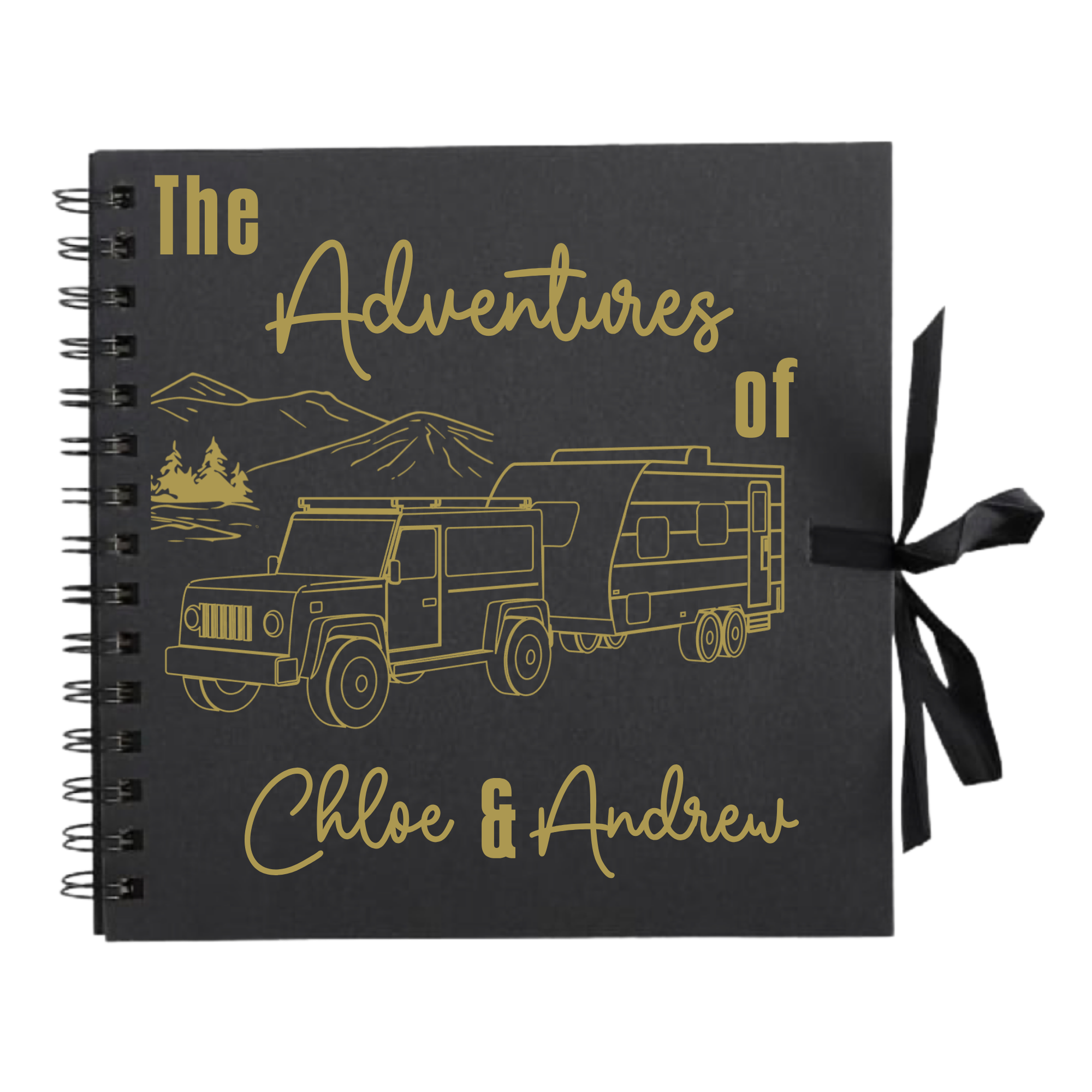 Black scrapbook album with gold foil campervan illustration and personalised “The Adventures of Chloe & Andrew” title – luxury road trip journal.
Image 76.png
