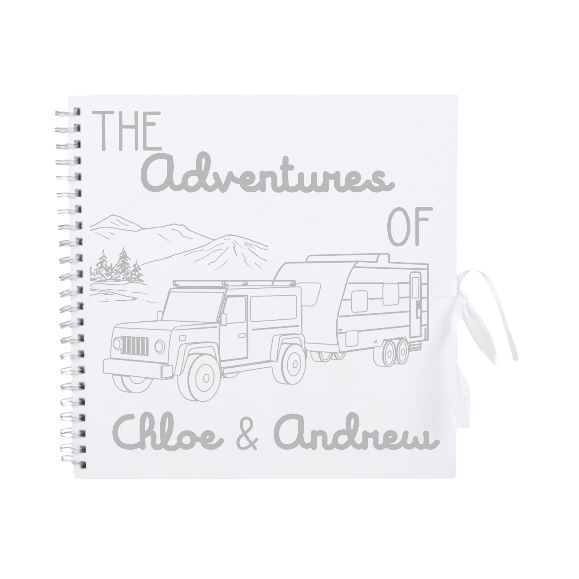White scrapbook album with silver campervan design and personalised “The Adventures of Chloe & Andrew” – stylish handmade travel journal.
