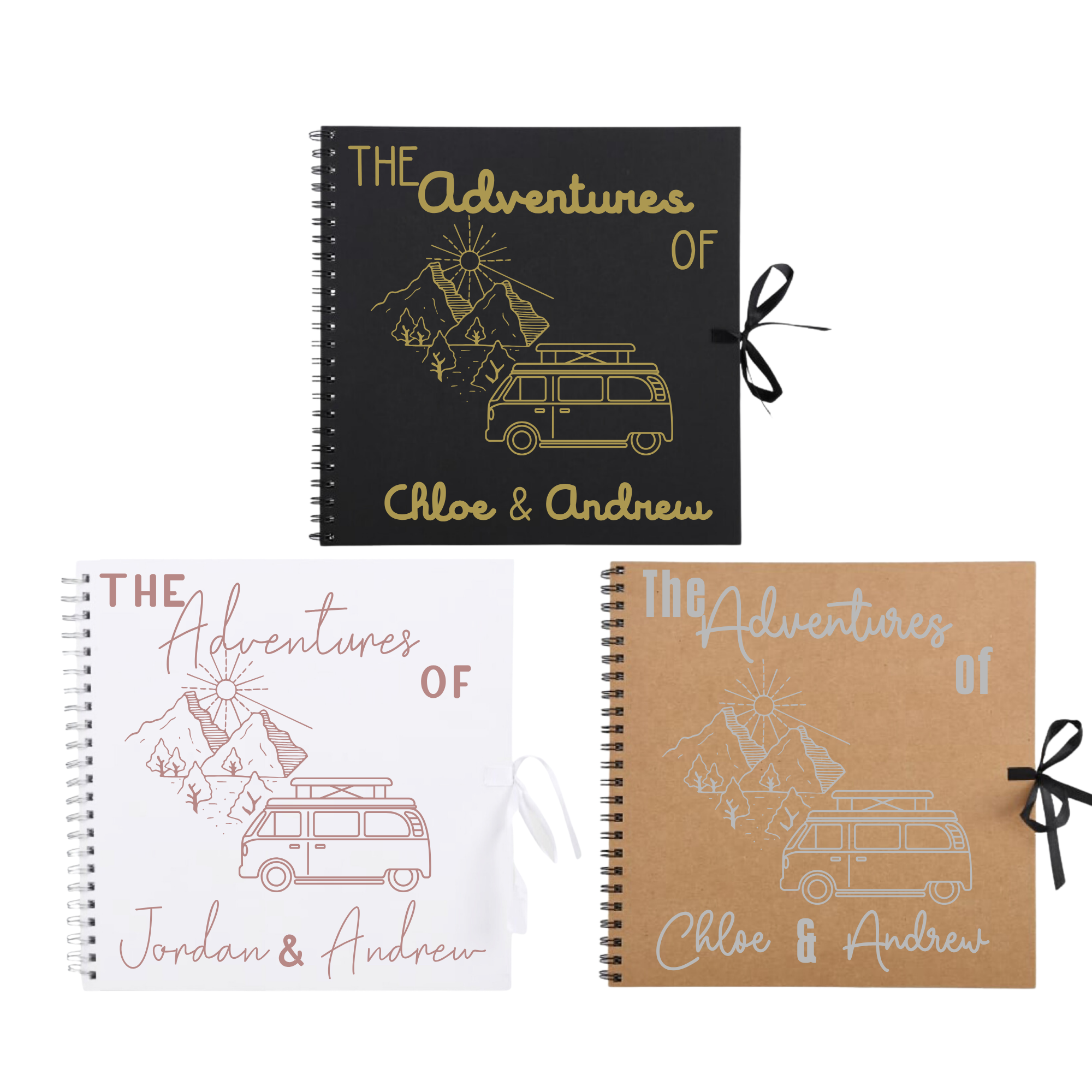 Set of Personalised travel scrapbooks album with van and mountain design — custom road trip photo album for couples or solo travellers.