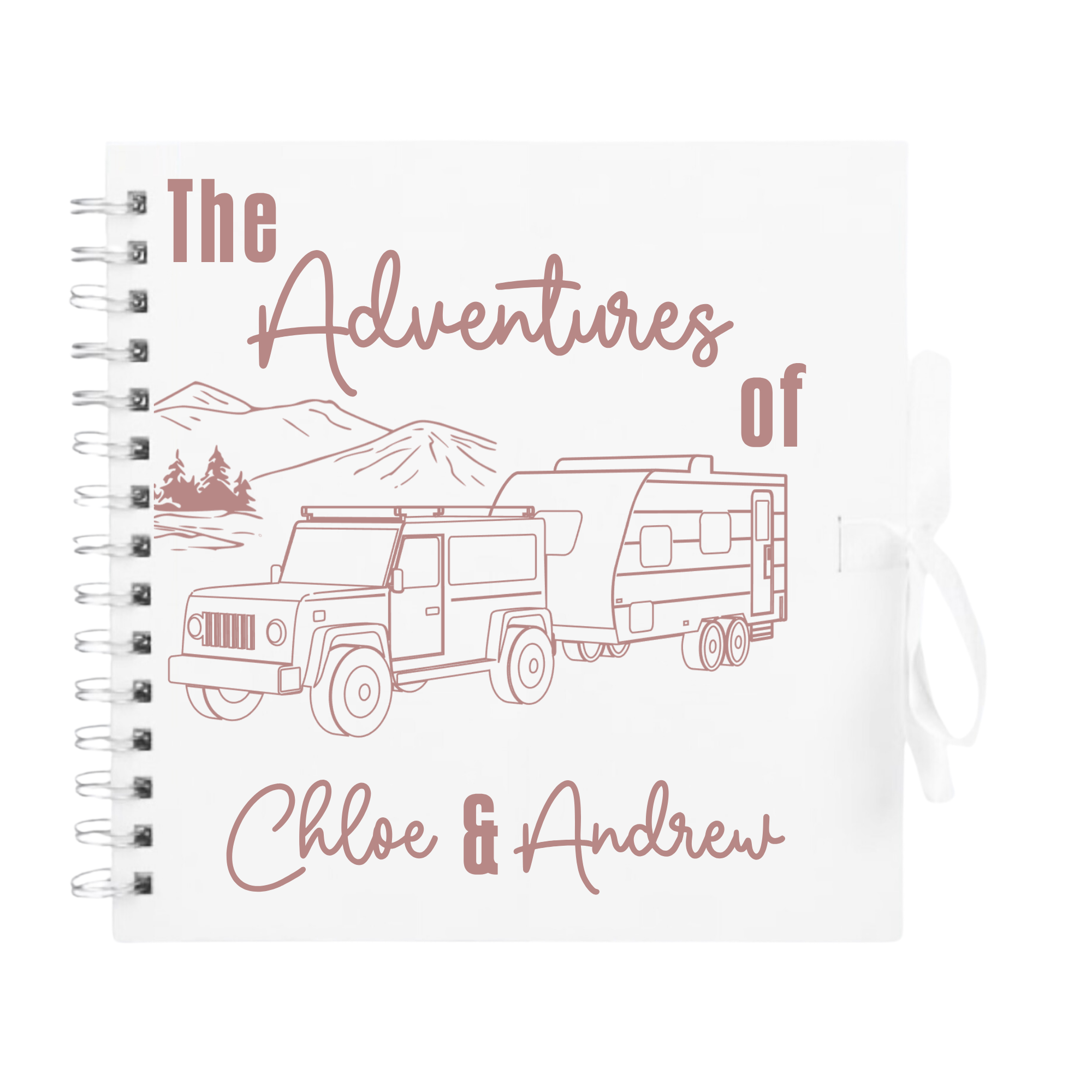 White personalised scrapbook album with rose gold print reading “The Adventures of Chloe & Andrew” – ideal for polaroid photo album keepsakes.