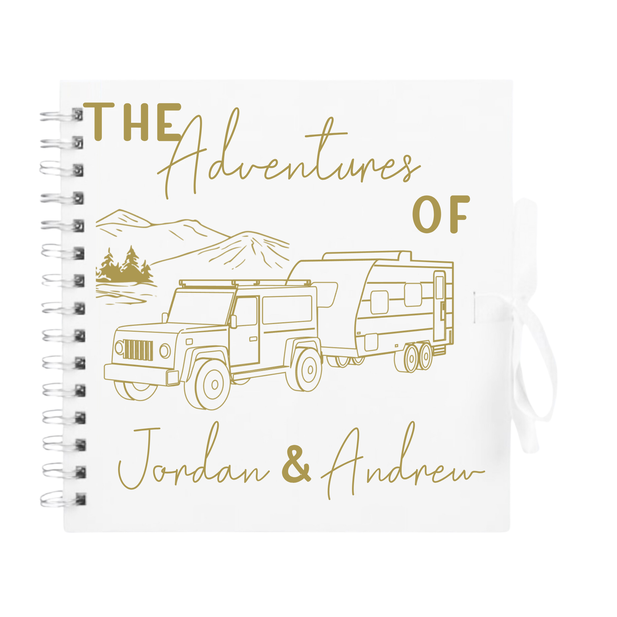 White personalised scrapbook with gold design and the names “Jordan & Andrew” – custom caravan memory book for travel lovers.