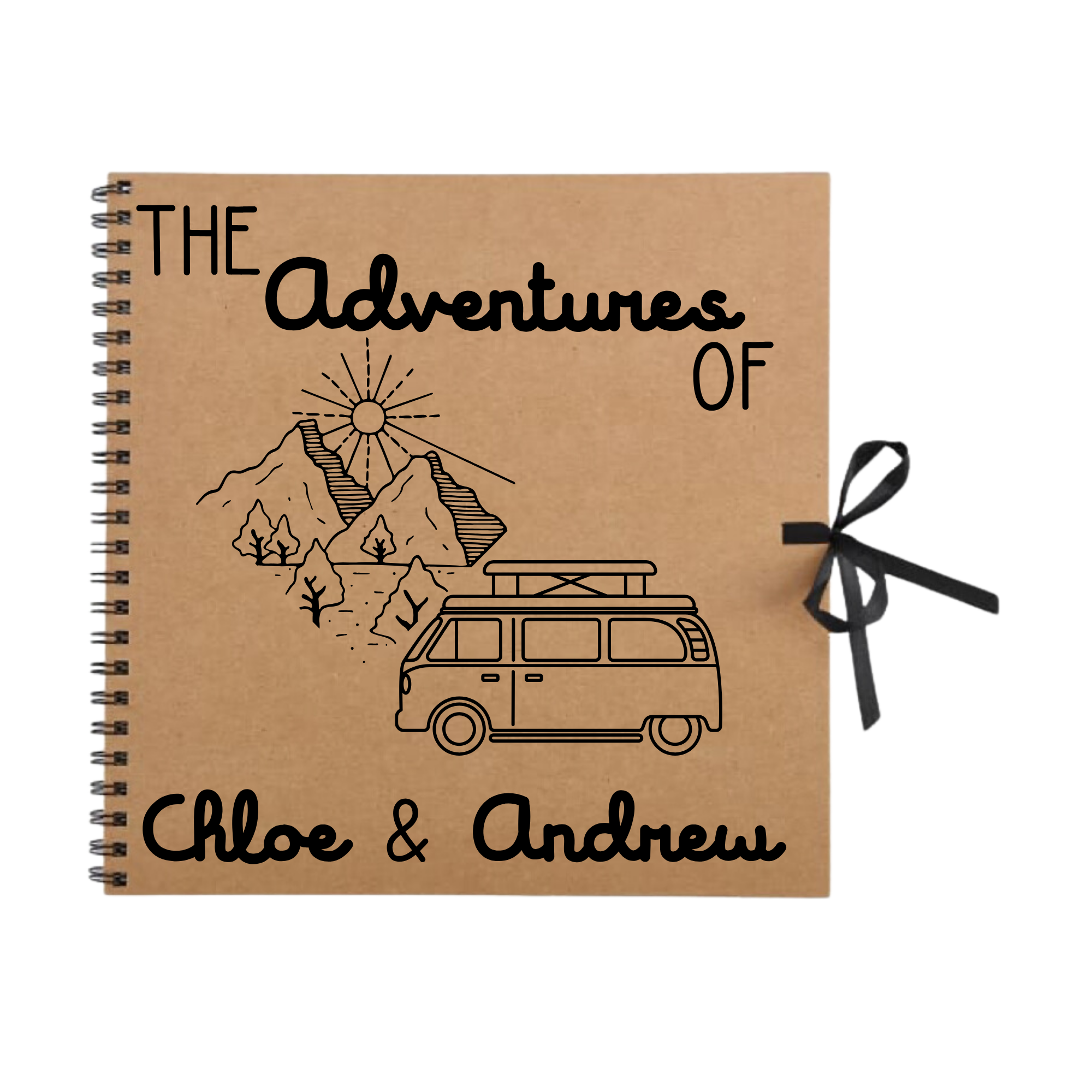 Brown kraft scrapbook album featuring black campervan and mountain illustration — personalised travel journal for couples.