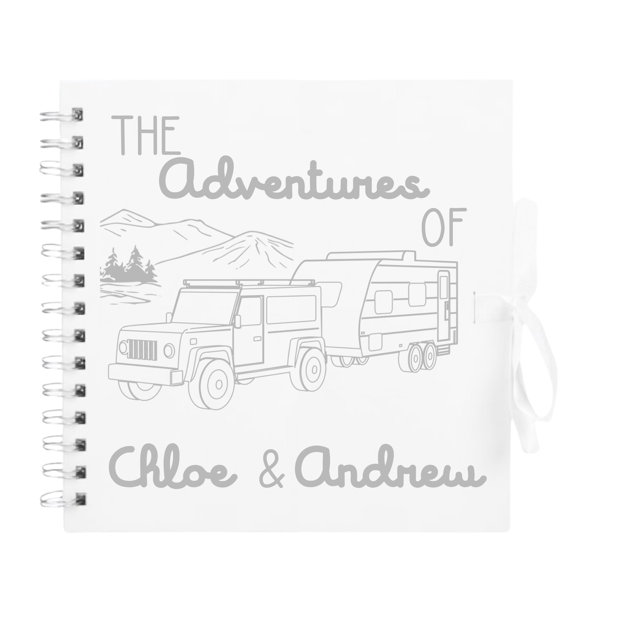 White scrapbook album with silver campervan design and personalised “The Adventures of Chloe & Andrew” – stylish handmade travel journal.