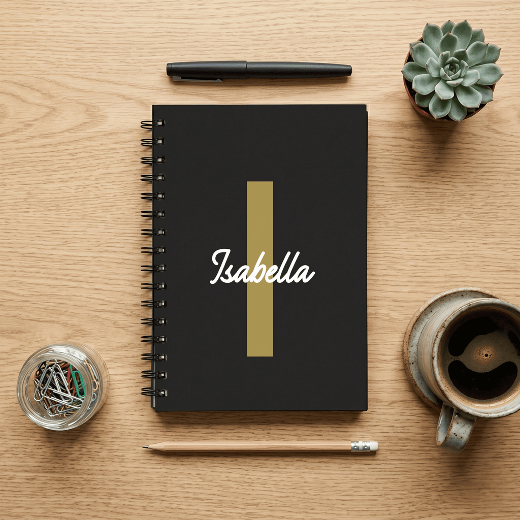 Black notebook with 'Isabella' on a wooden surface with stationery items.