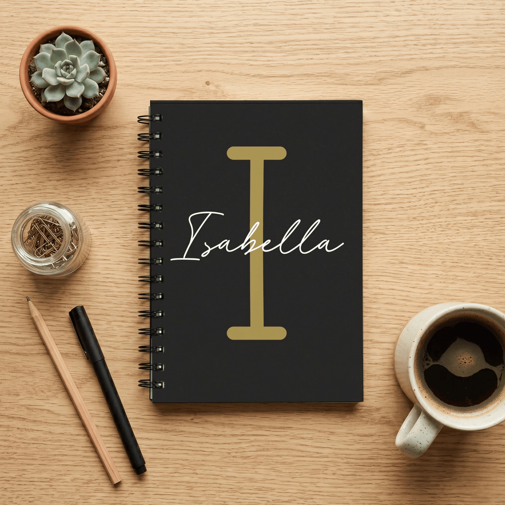 Black notebook with 'Isabella' and a gold initial on a wooden surface with a plant, pencils, and coffee.