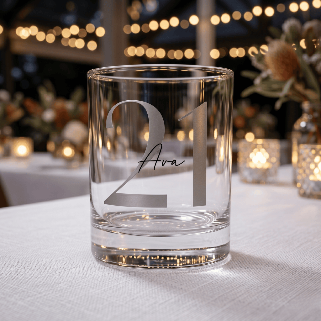 Clear glass with engraved '21 Ava' on a tablecloth with blurred lights in the background
