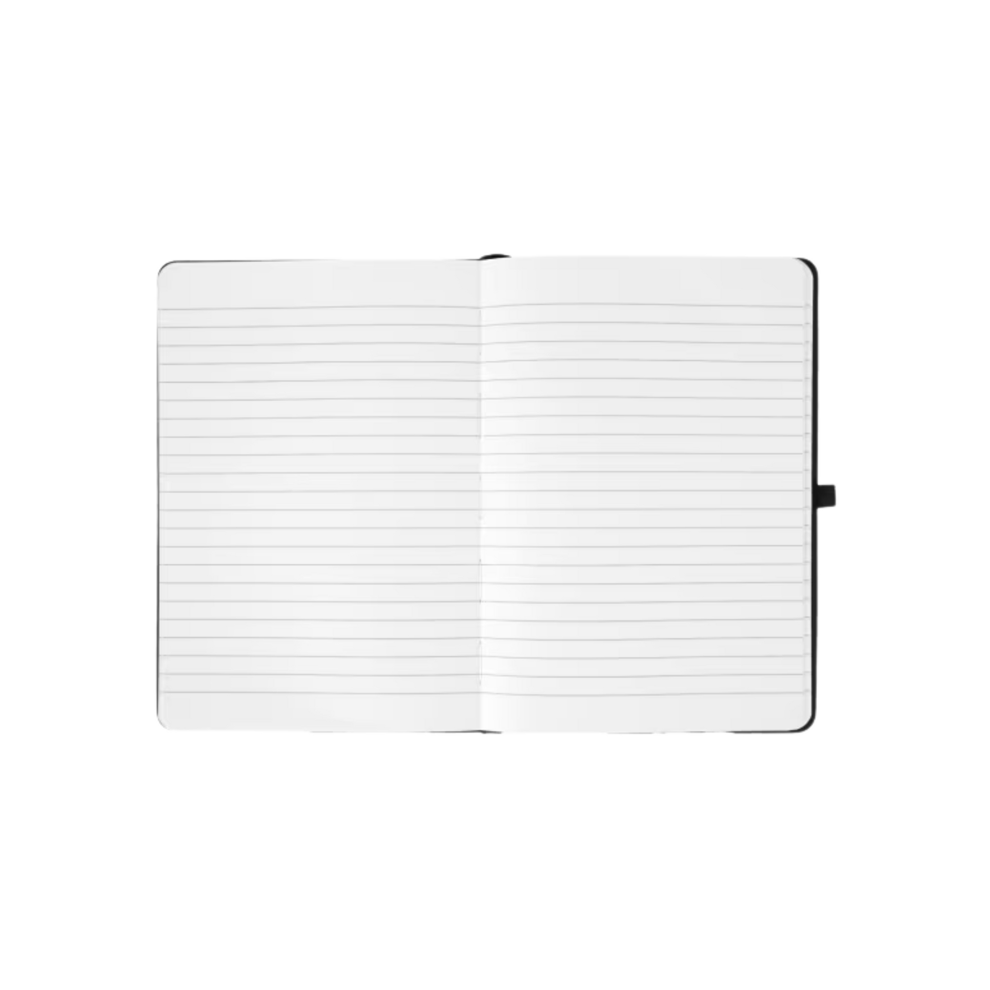 Open black A5 personalised notebook displaying clean, lined interior pages with pen loop and elastic closure.