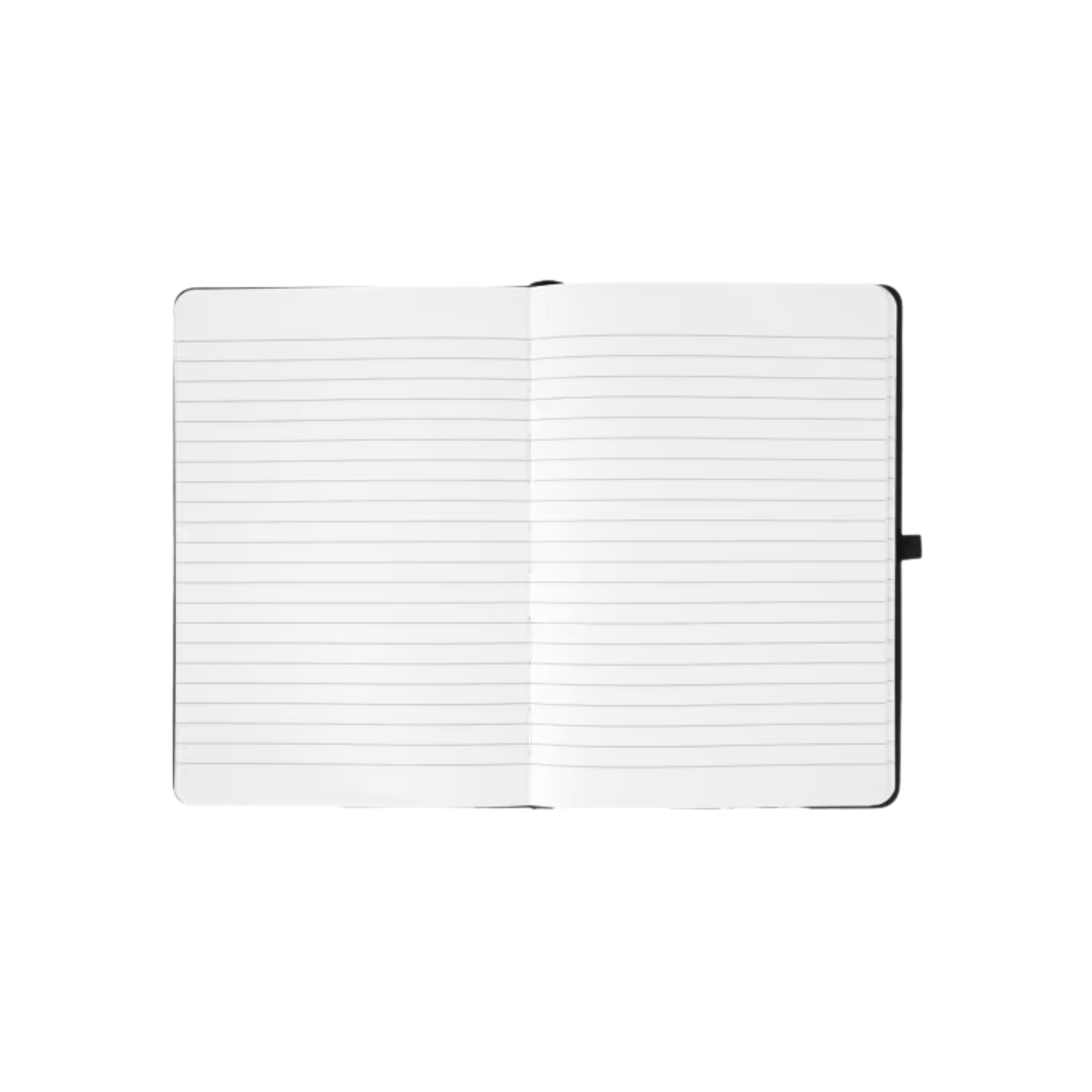 Open black A5 personalised notebook displaying clean, lined interior pages with pen loop and elastic closure.