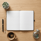 Open notebook on a wooden desk with a pen, coffee cup, and small plant.