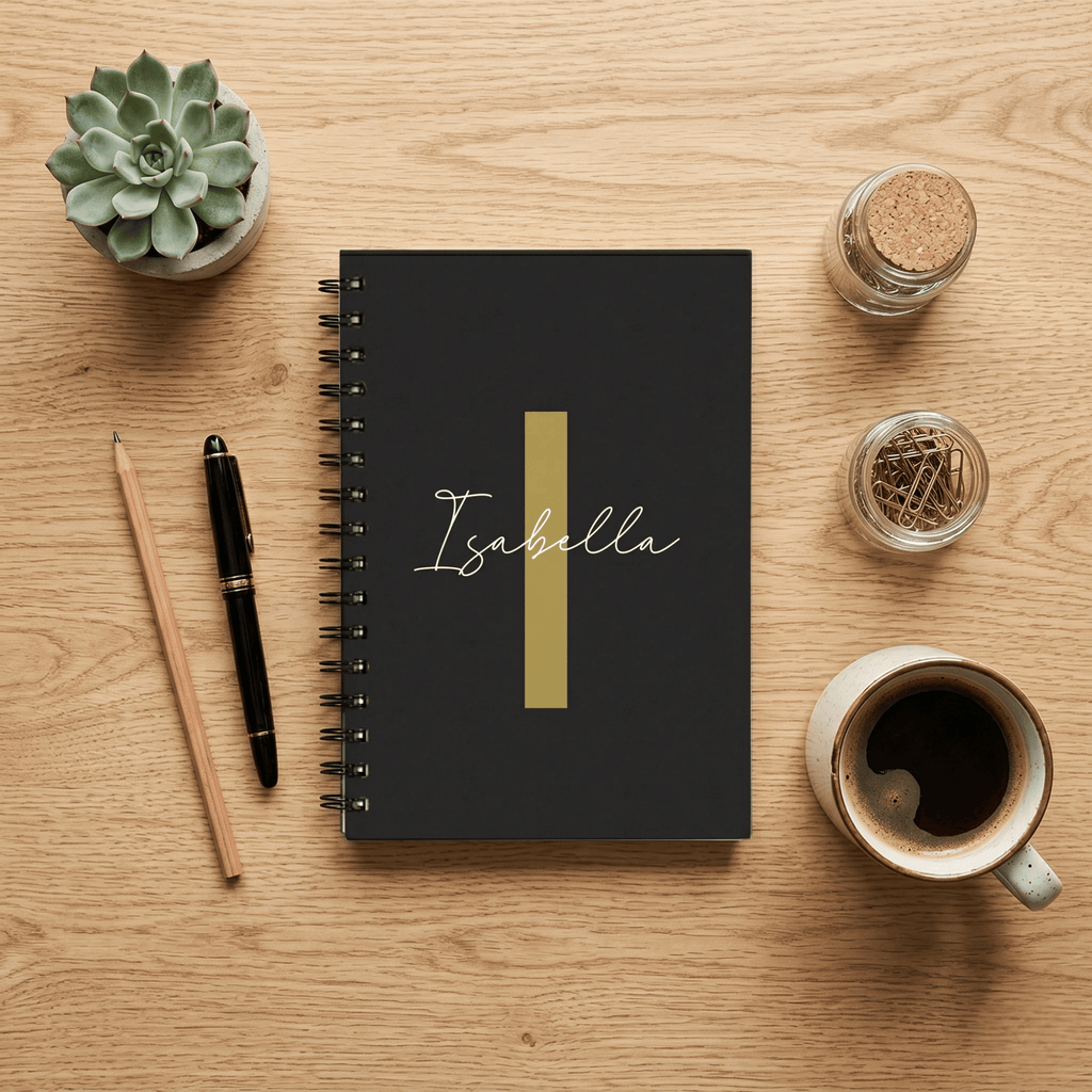 Black notebook with 'Isabella' on a wooden surface with a pen, coffee, and succulent.