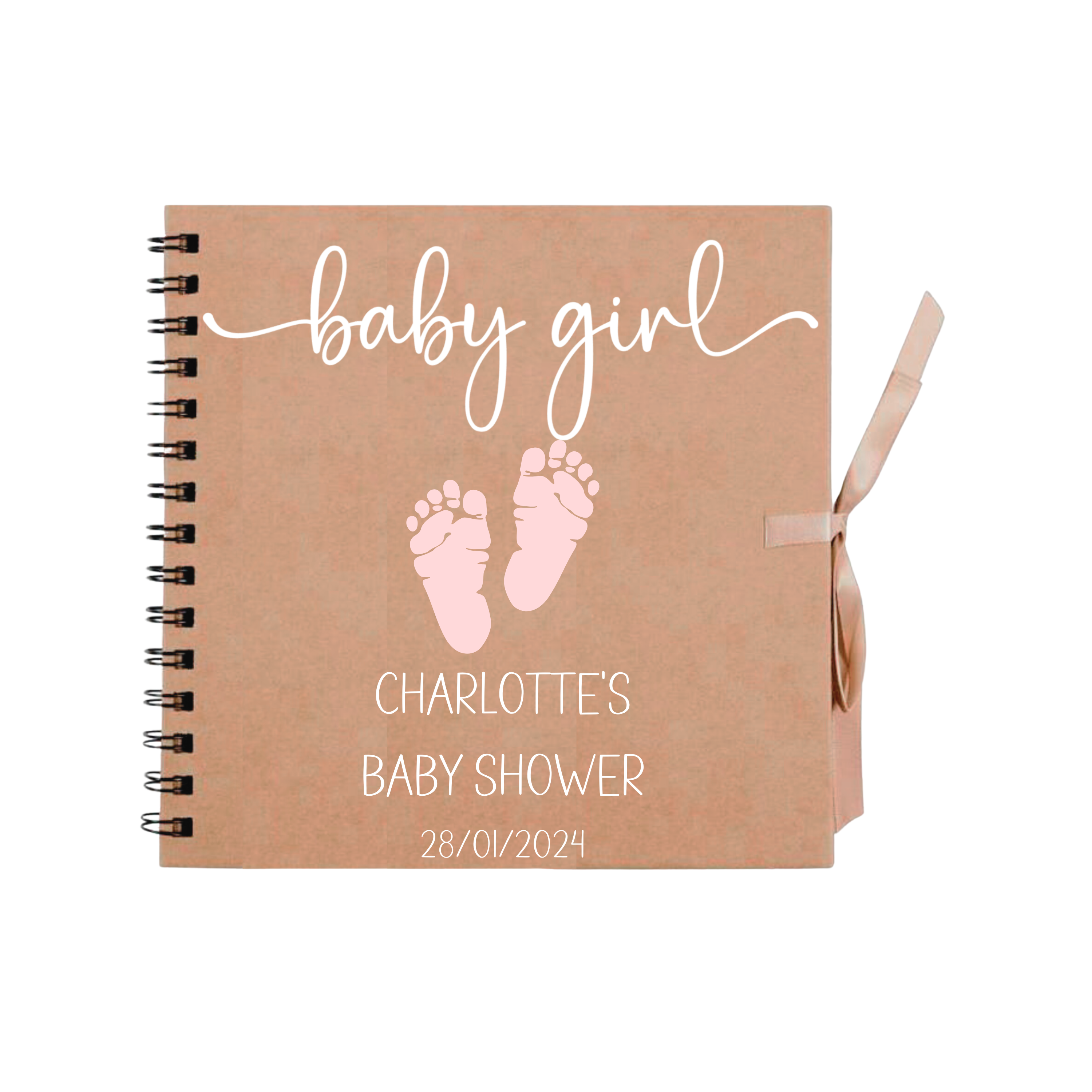 Kraft scrapbook with "baby girl" script and pink baby footprints – personalised baby shower photo album for Charlotte on 28/01/2024.