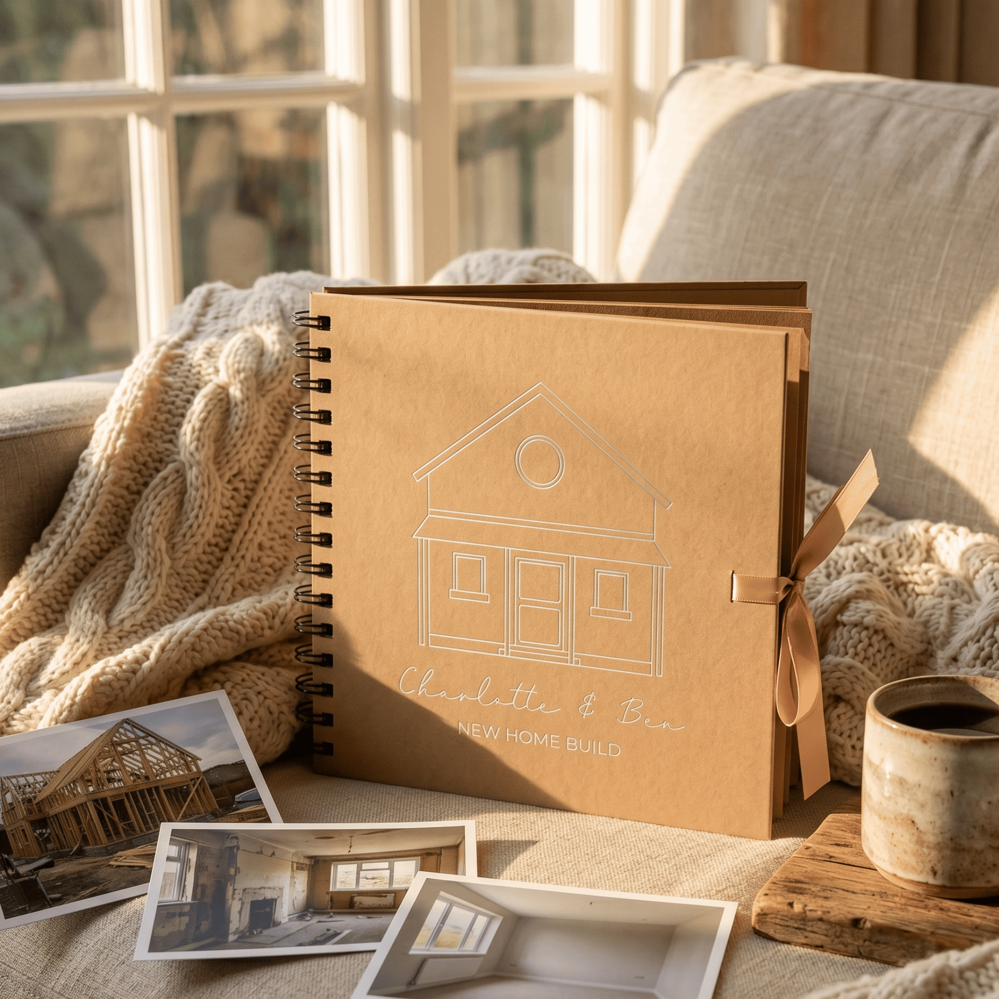 Brown album with house illustration on a table with photos and a cup.