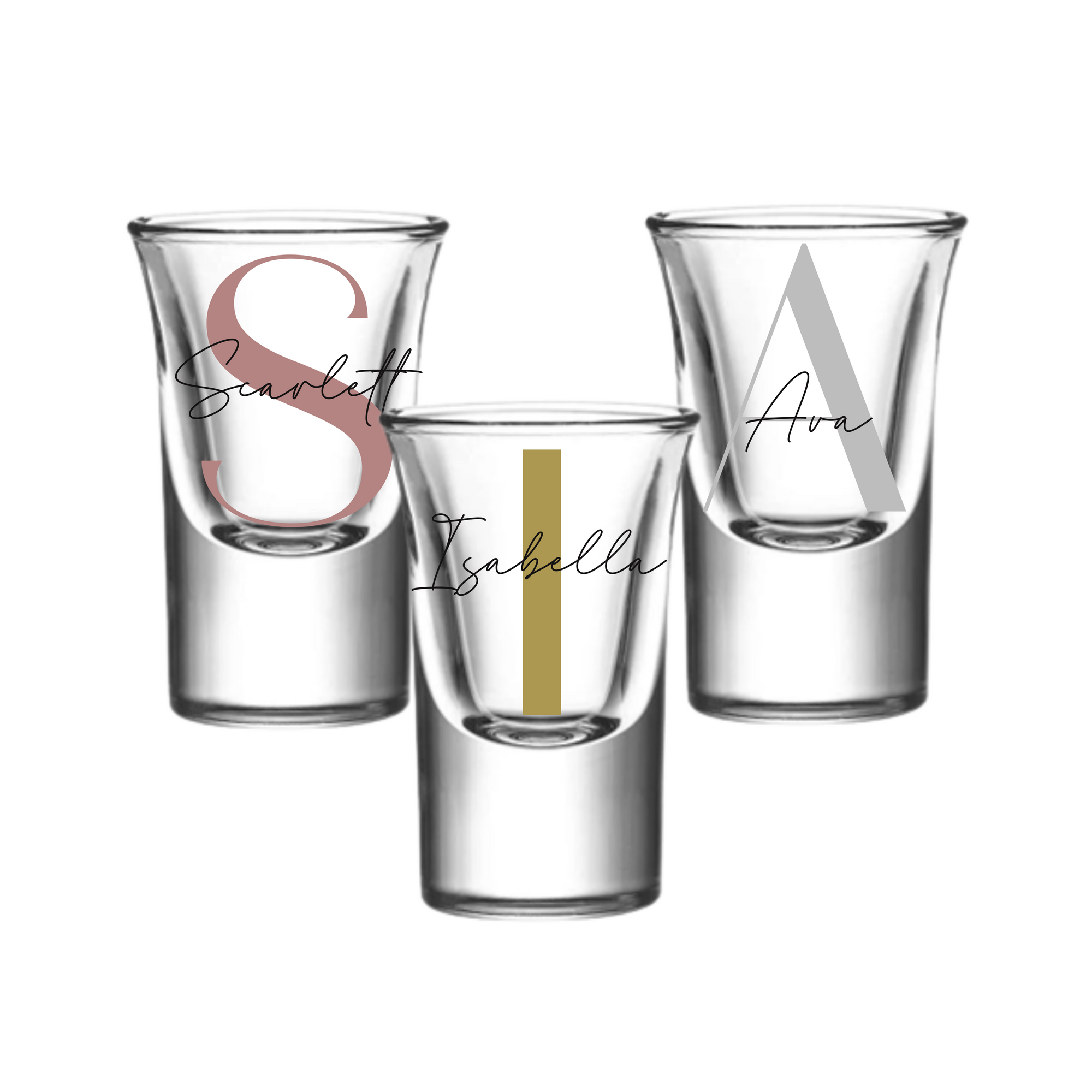 Set of personalised 25ml shot glasses with names Scarlett, Isabella, and Ava, custom birthday gifts for her or him, milestone personalised gift Australia