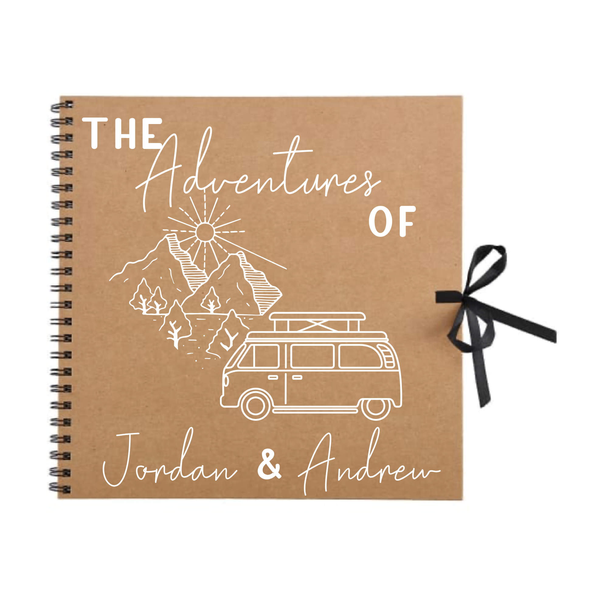 Brown kraft scrapbook album featuring white campervan and mountain illustration — personalised travel journal for couples.