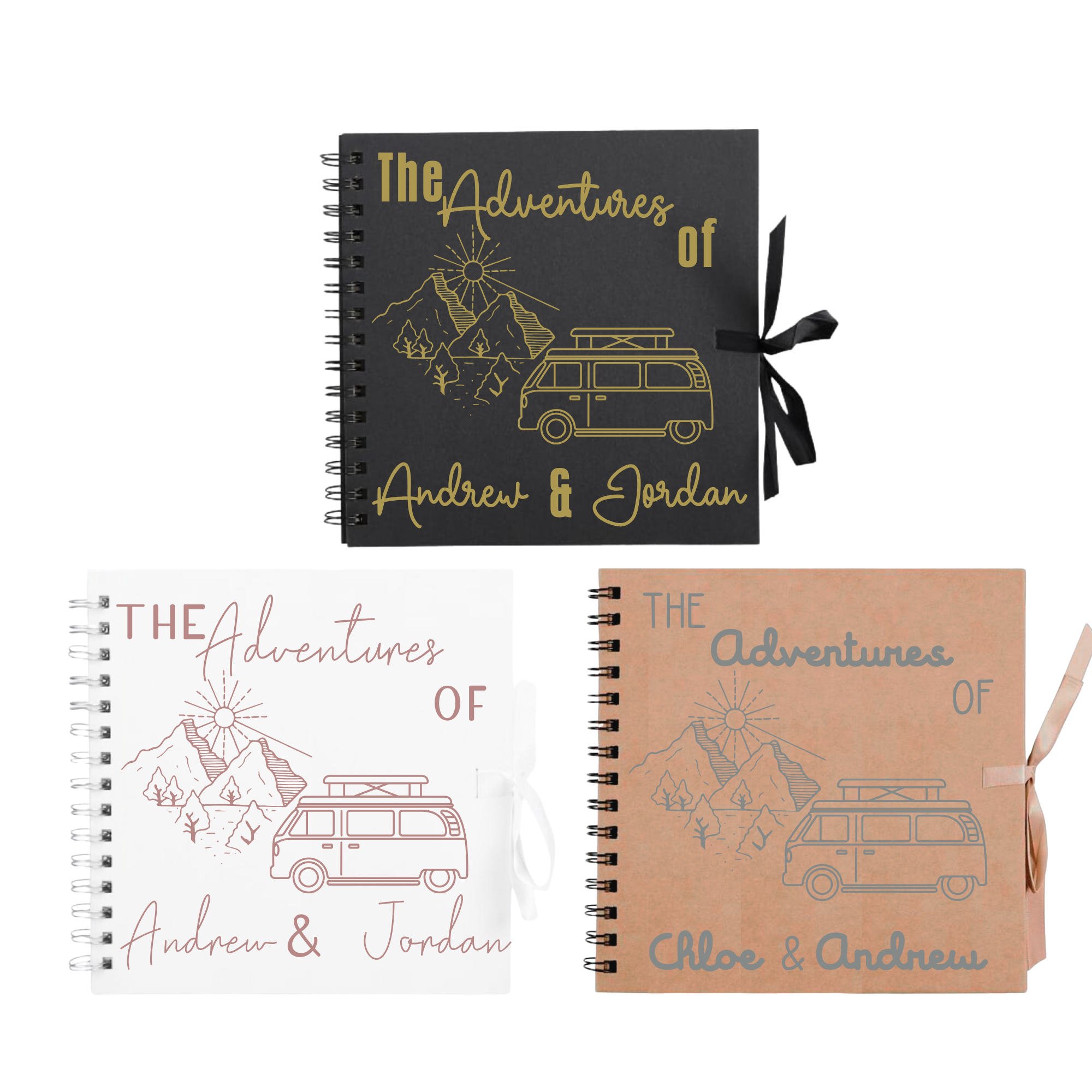 Set of Personalised  travel scrapbooks album with van and mountain design — custom road trip photo album for couples or solo travellers.