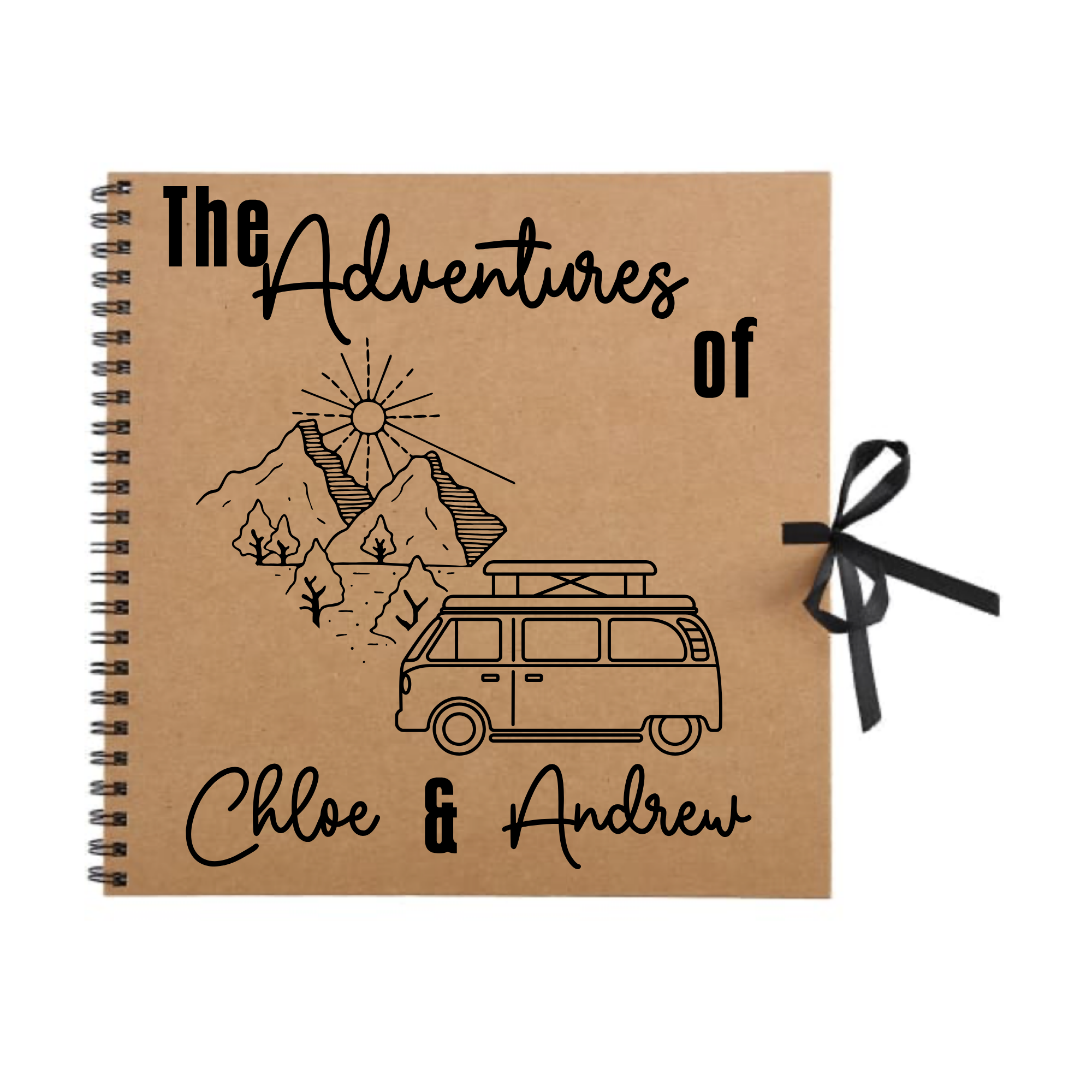 Brown kraft scrapbook album featuring black campervan and mountain illustration — personalised travel journal for couples.