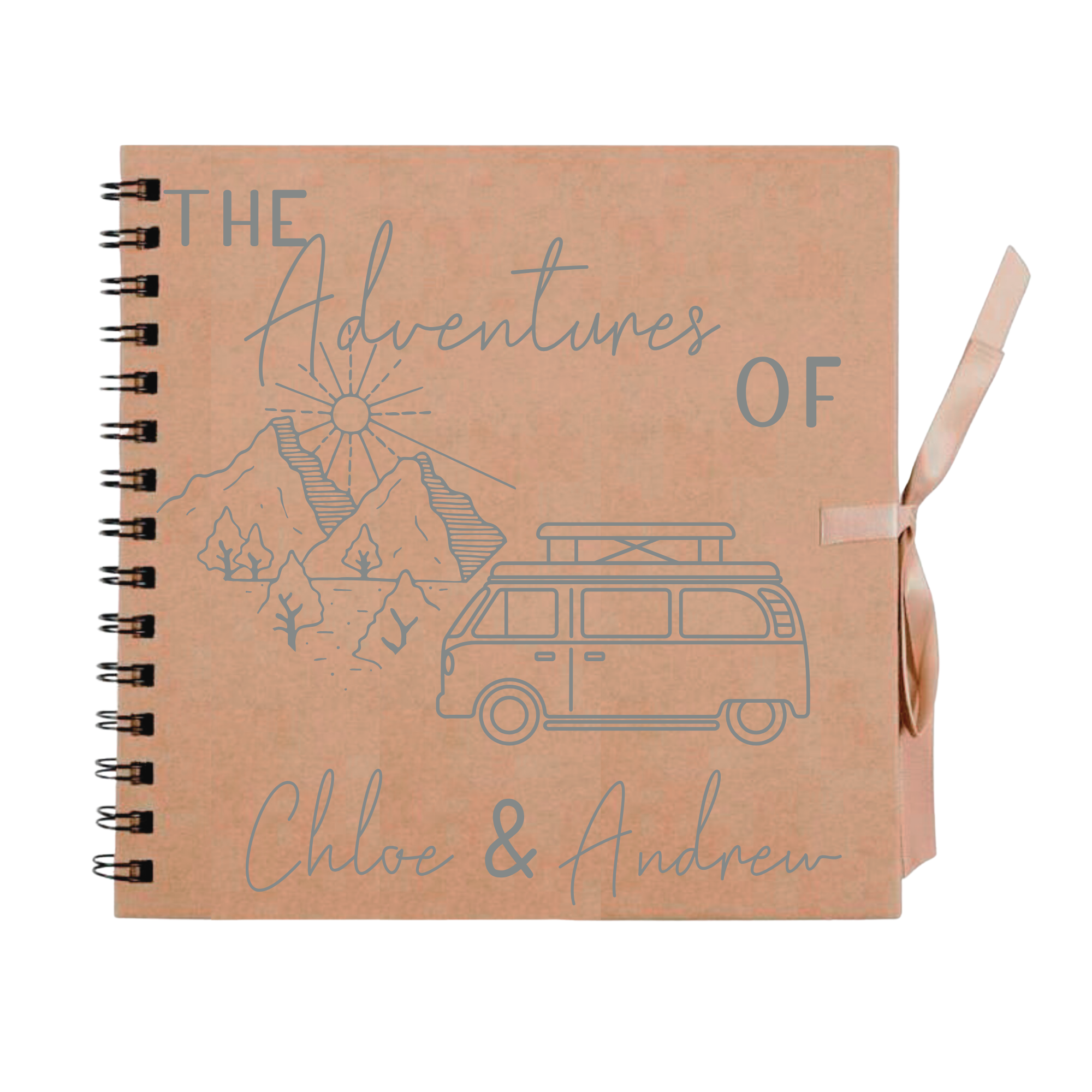 Brown kraft scrapbook album featuring silver campervan and mountain illustration — personalised travel journal for couples.

