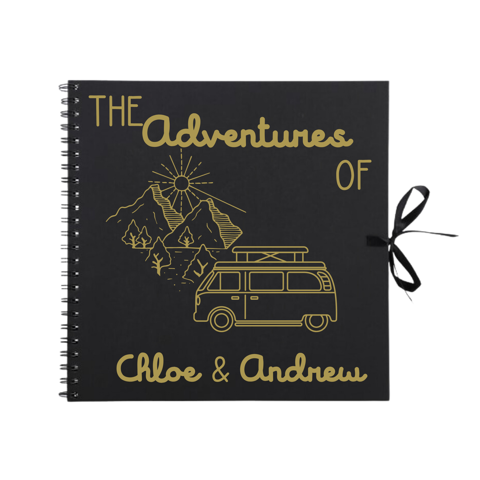 Black personalised travel scrapbook with gold campervan and mountain design — custom couple's road trip album with ribbon tie.