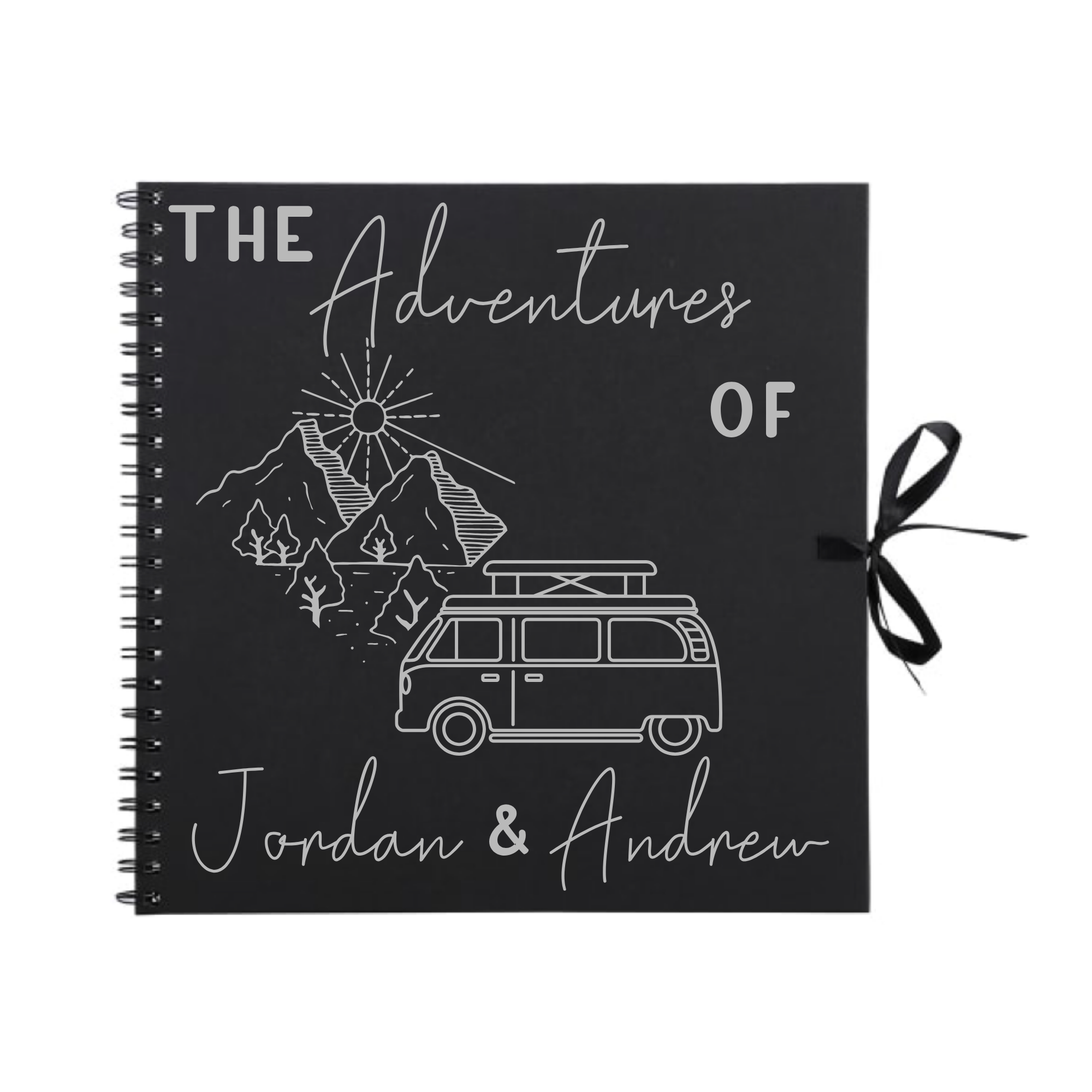 Black custom scrapbook album with silver campervan and mountain scene — personalised road trip photo album for adventurers.