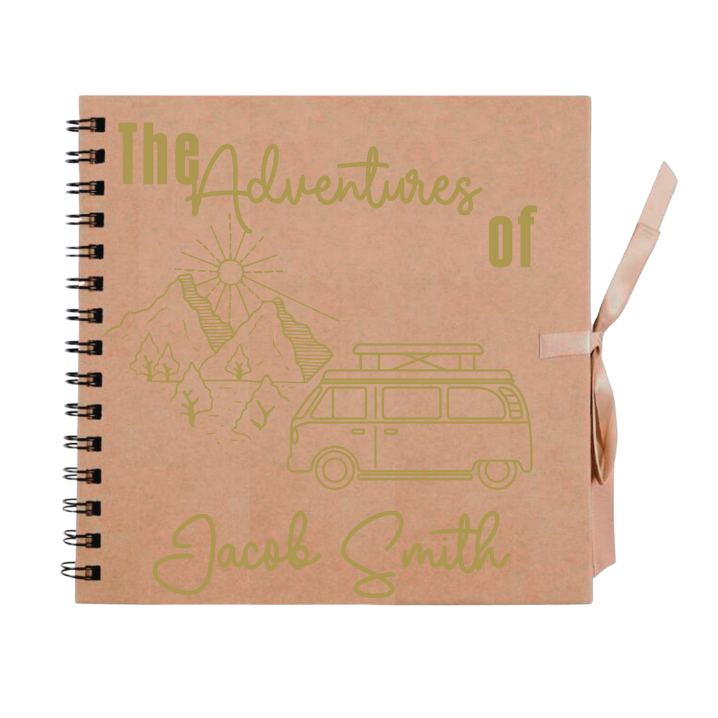 Custom kraft adventure photo album with gold van design and the name “Jacob Smith” — personalised travel gift for him.