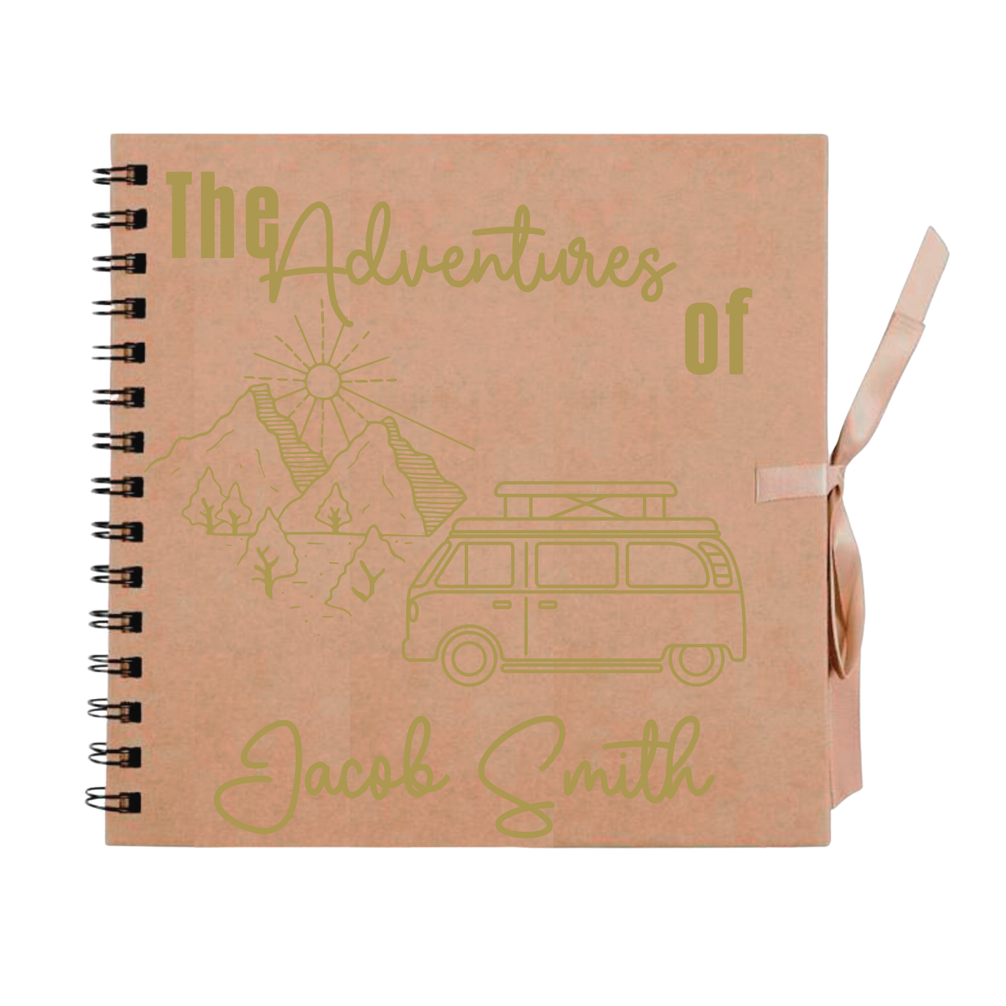 Custom kraft adventure photo album with gold van design and the name “Jacob Smith” — personalised travel gift for him.