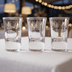 Three clear shot glasses with personalized names on a white surface.
