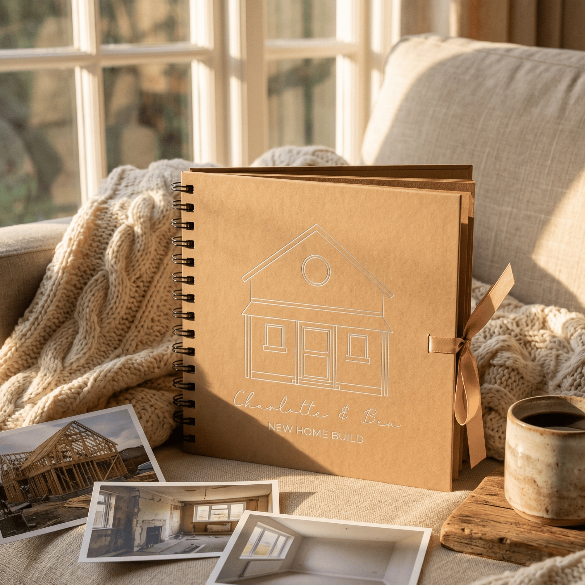 Brown album with house illustration on a table with photos and a cup.