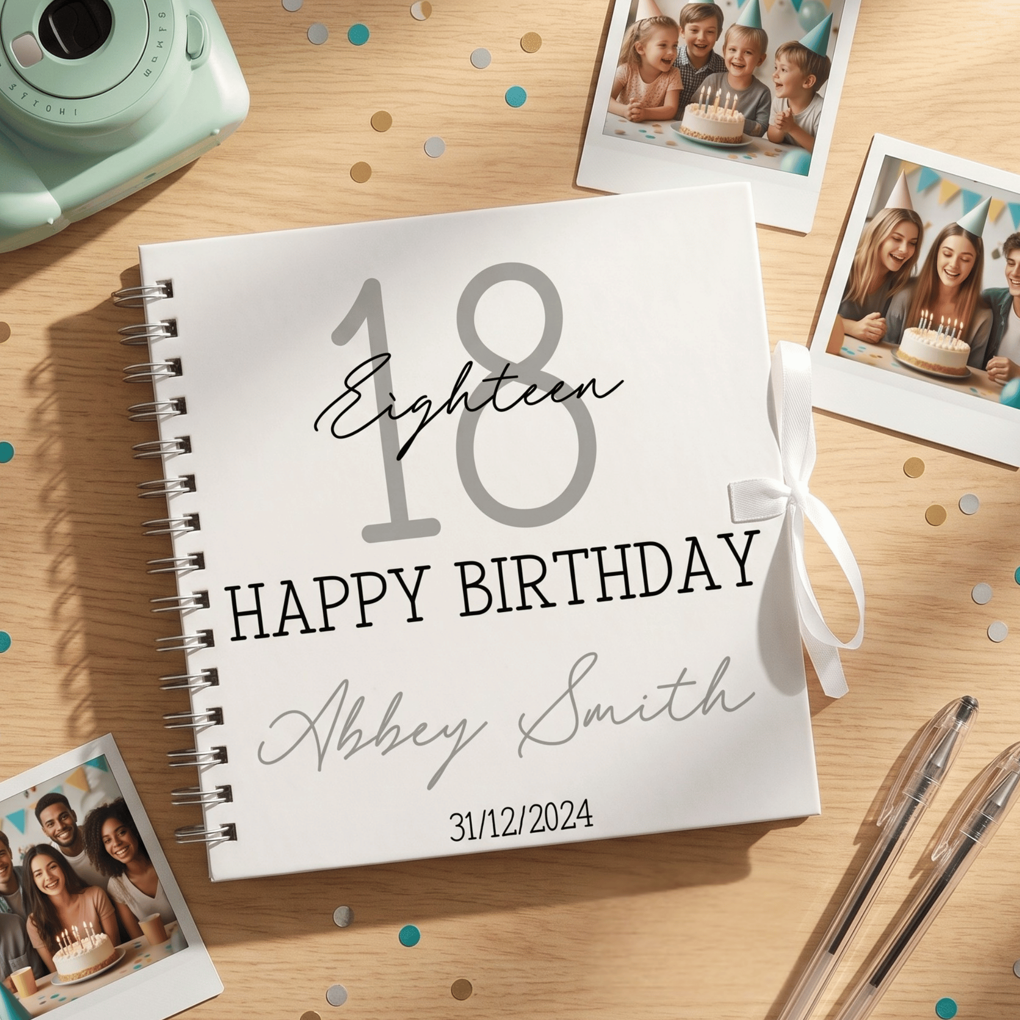 Birthday album with '18 Happy Birthday Abbey Smith' on a wooden surface with photos and stationery.