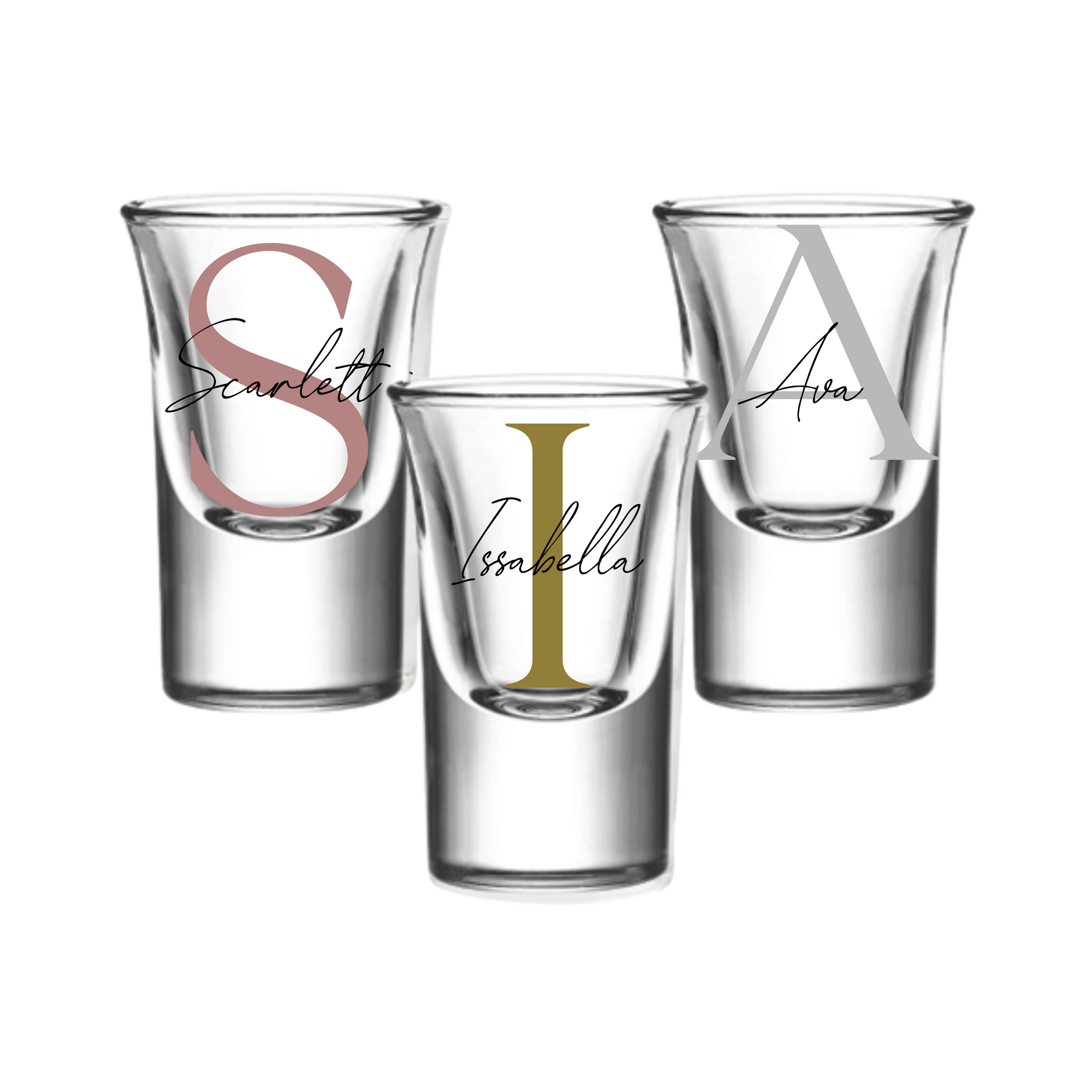 Set of personalised 25ml shot glasses with names Scarlett, Isabella, and Ava, custom birthday gifts for her or him, milestone personalised gift Australia