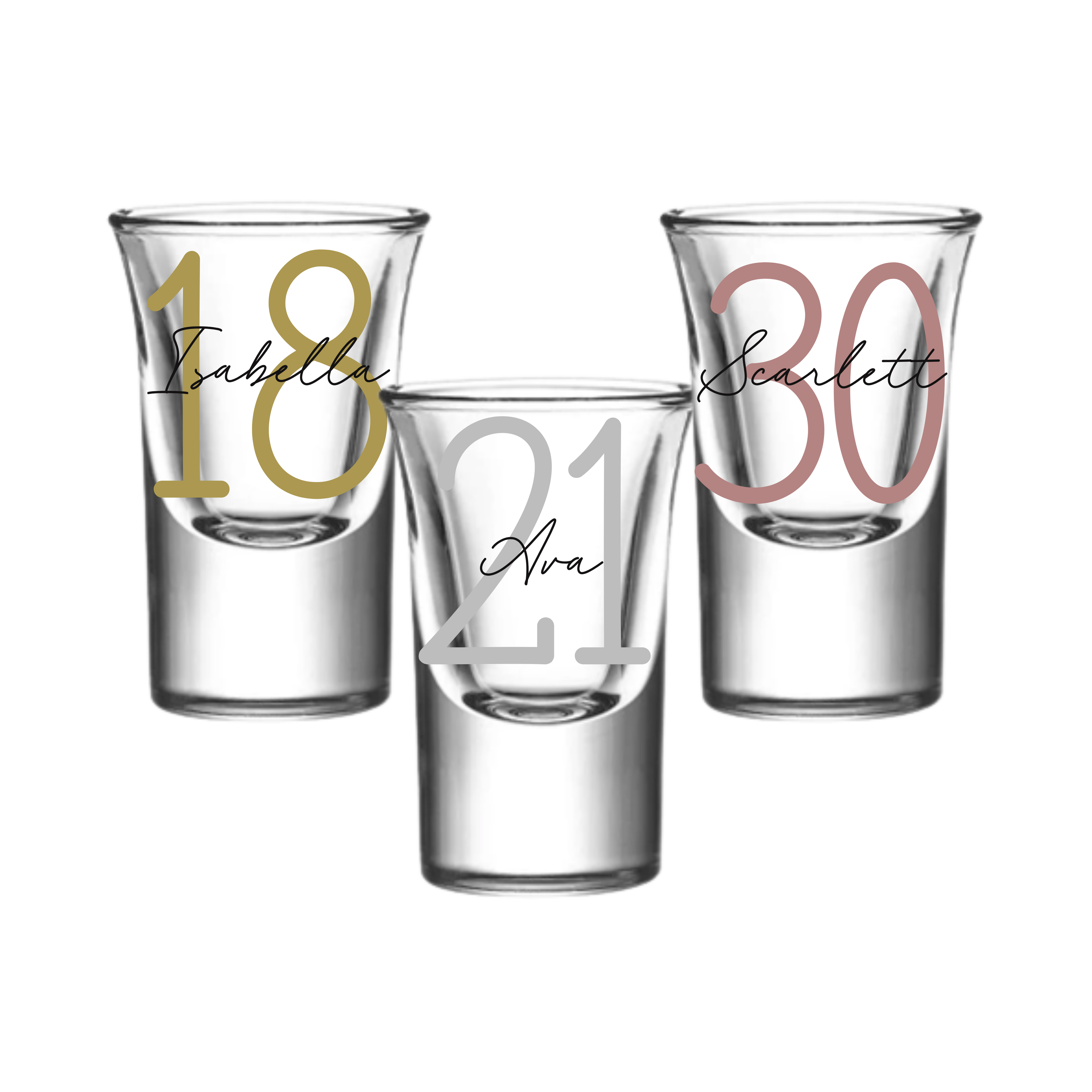Set of personalised 25ml shot glasses with names Scarlett, Isabella, and Ava, custom birthday gifts for her or him, milestone personalised gift Australia