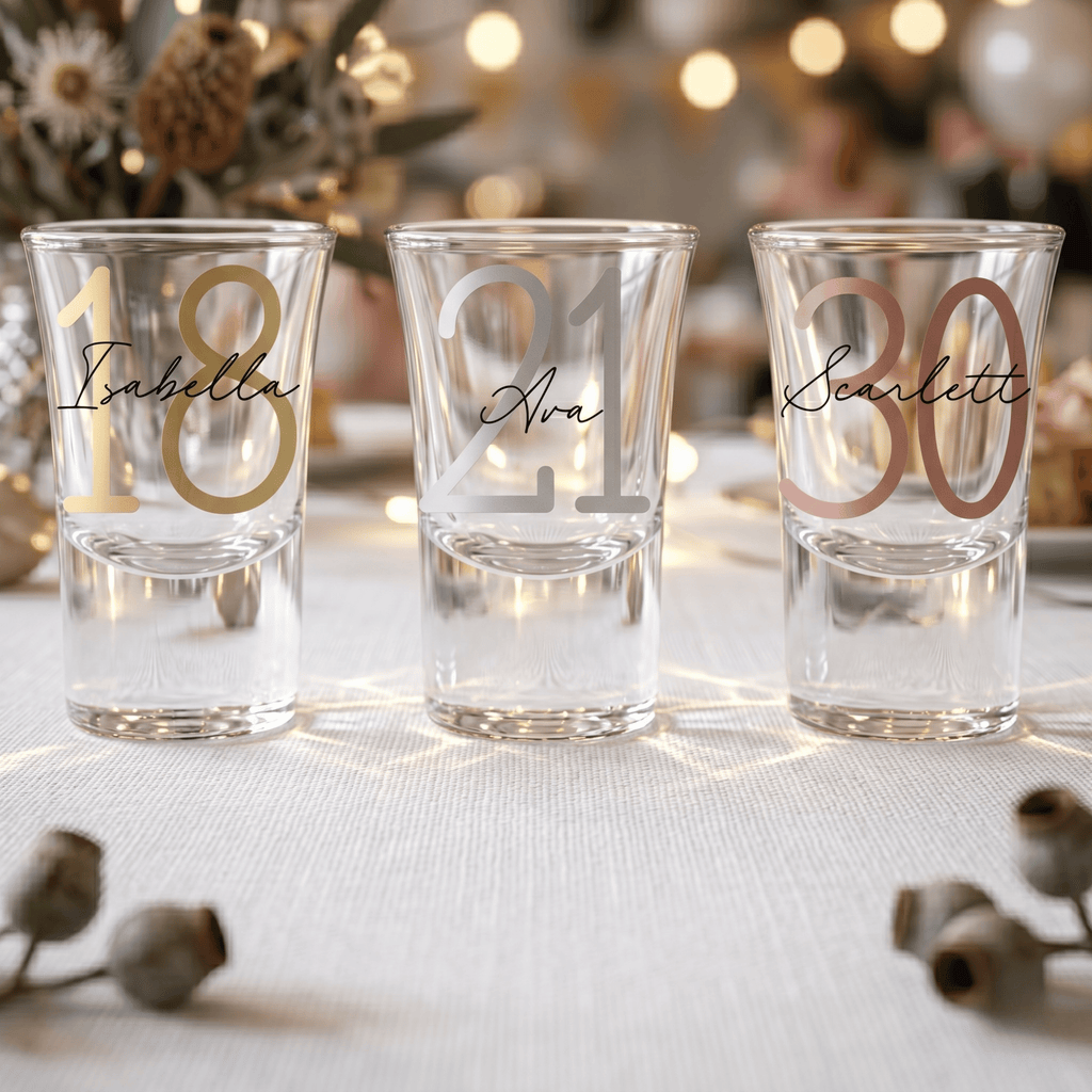 Three shot glasses with personalized names and numbers on a table with decorative elements.