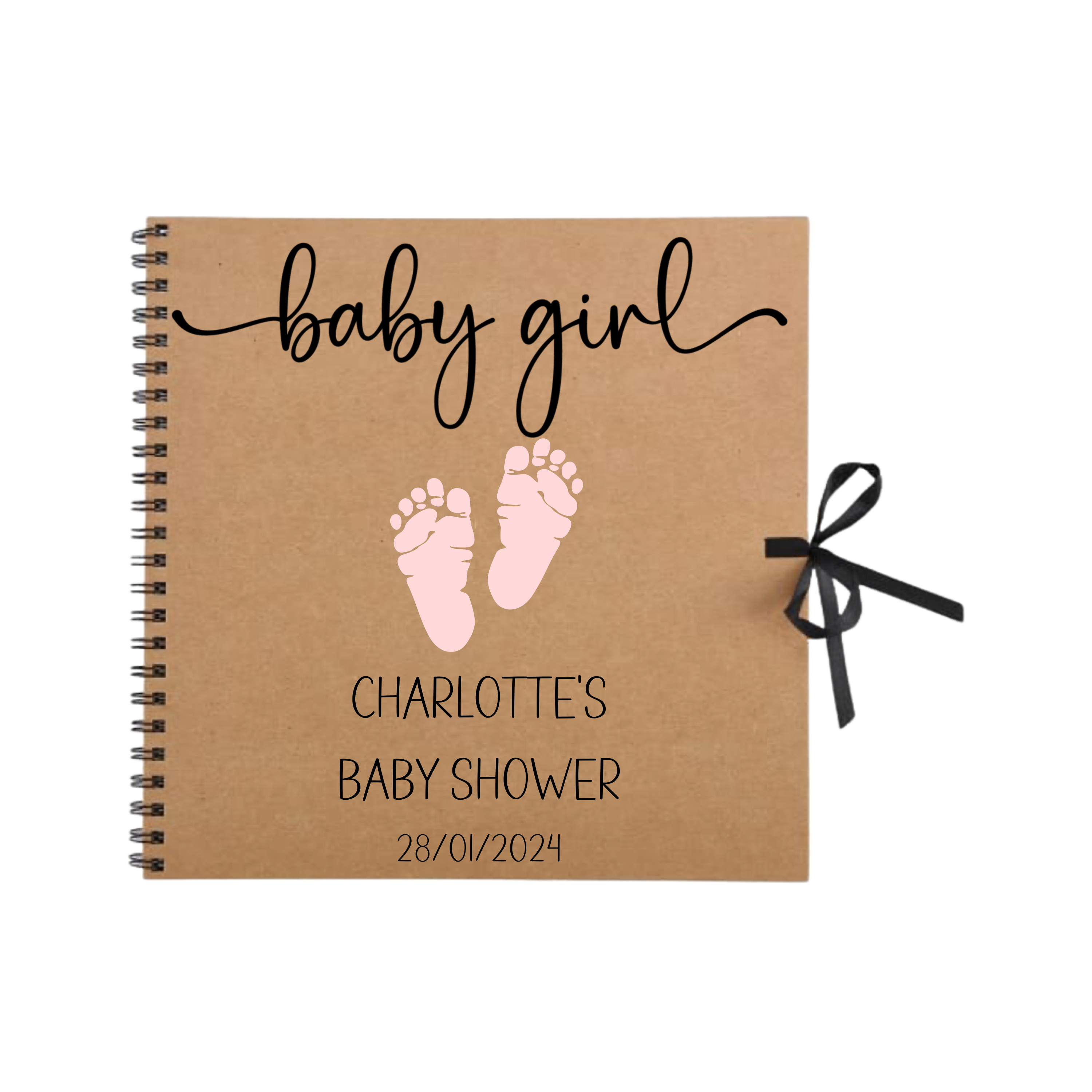 Kraft scrapbook with "baby girl" script and pink baby footprints – personalised baby shower photo album for Charlotte on 28/01/2024.