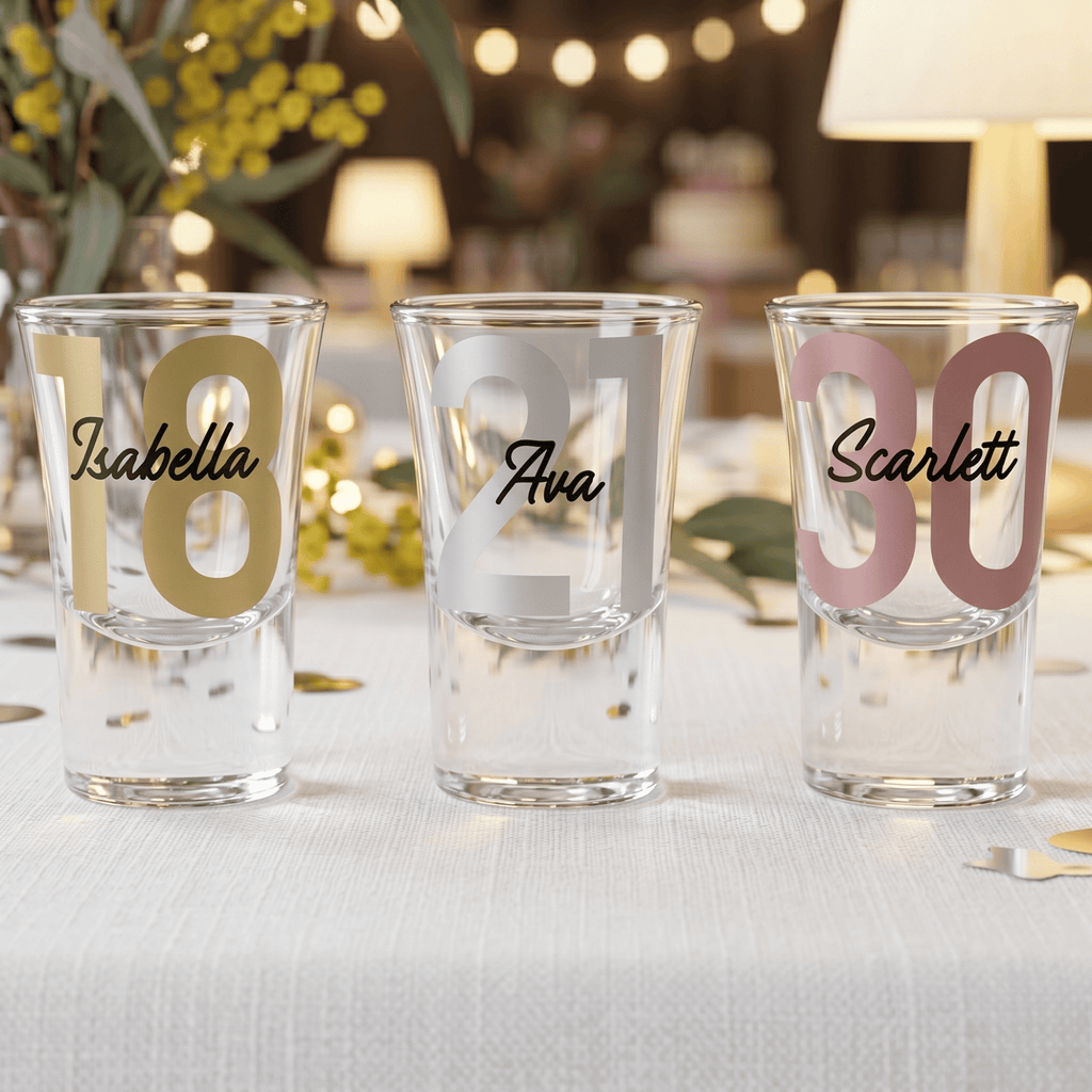 Three shot glasses with personalized names and numbers on a table with a festive background.