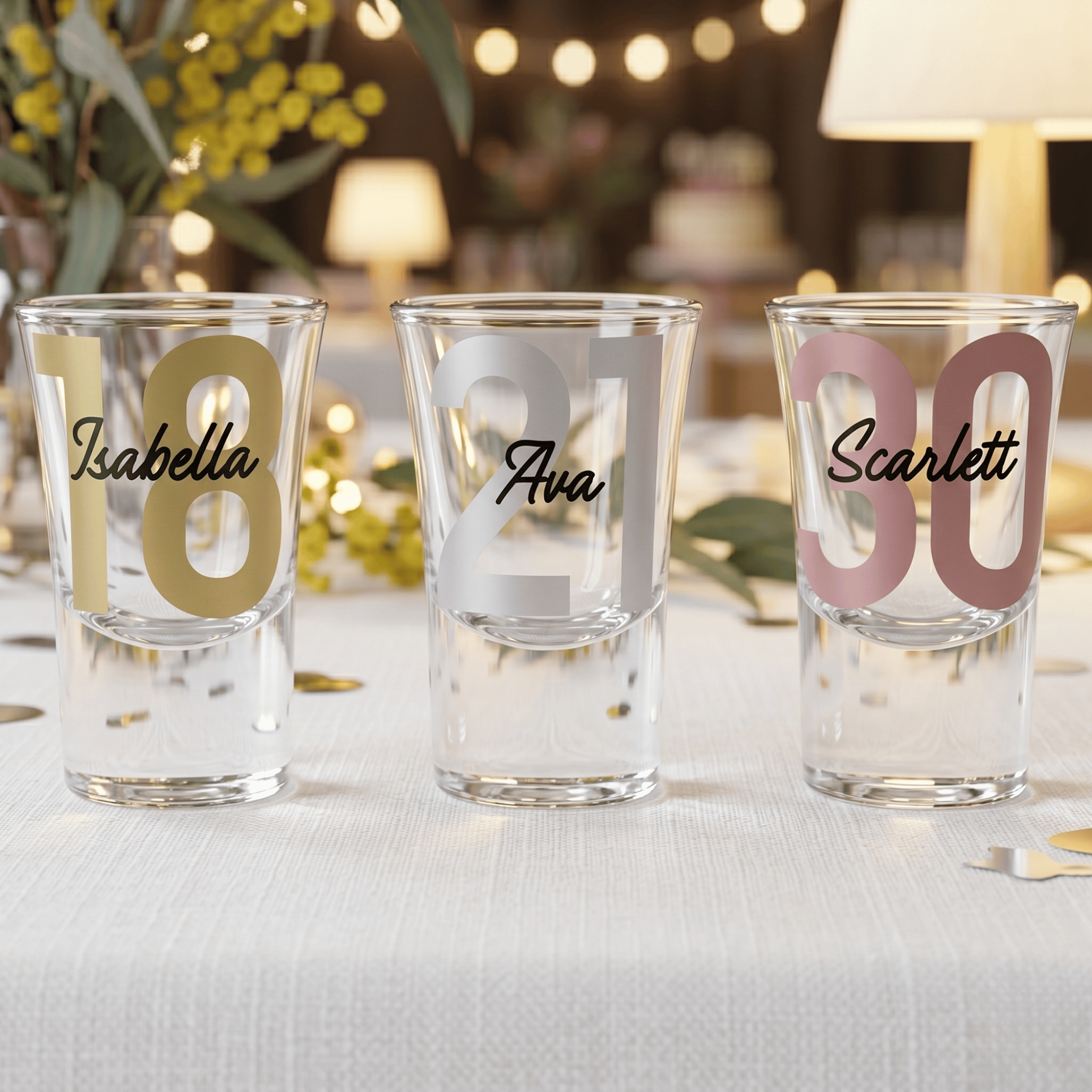 Three shot glasses with personalized names and numbers on a table with a festive background.